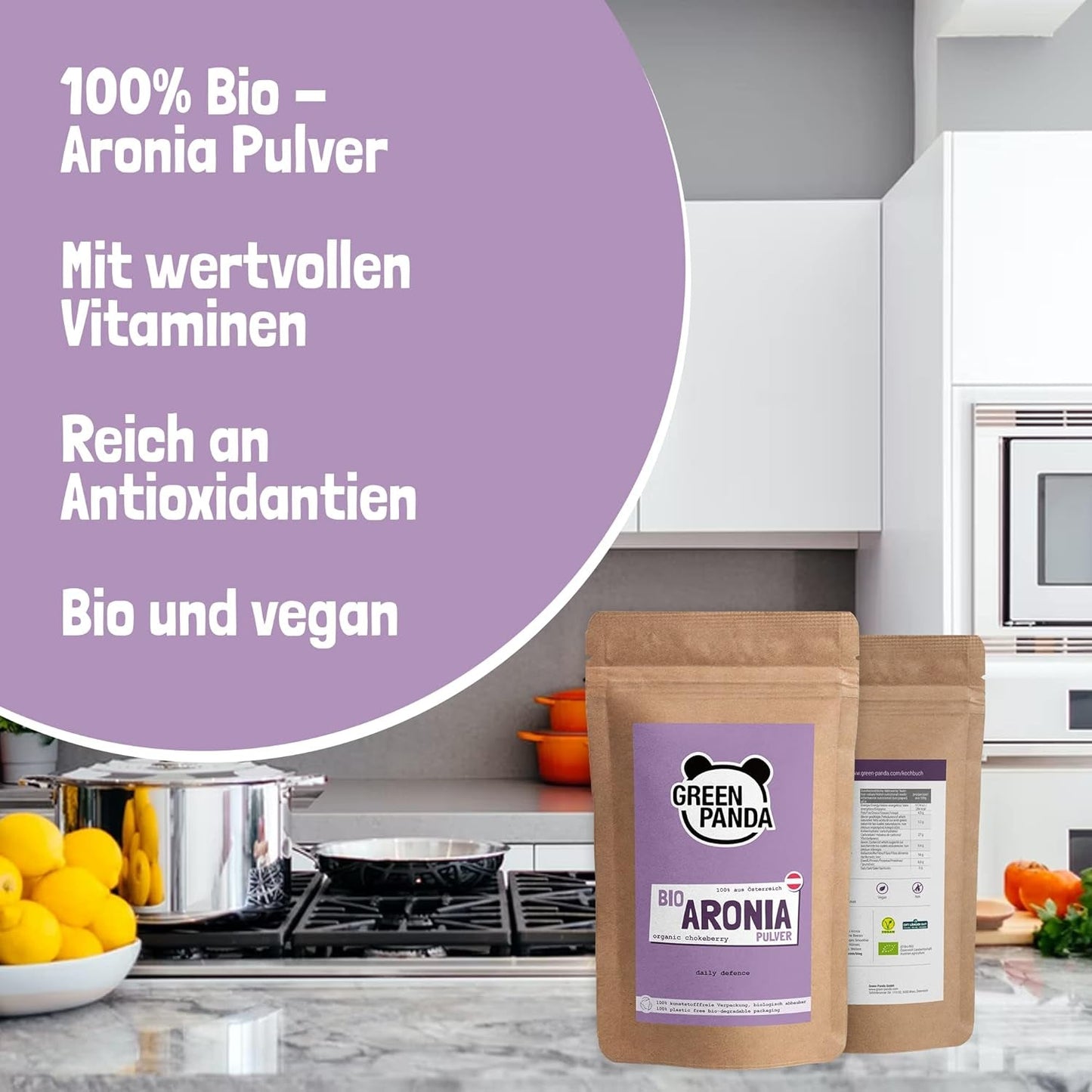 GREEN PANDA® økologisk chokeberry pulver fra Østrig | fintmalede tørrede chokebær | økologiske aroniabær uden tilsætningsstoffer | regionalt alternativ til acai-pulver og gojibær | 500g Naty Shop dehydrerede produkter