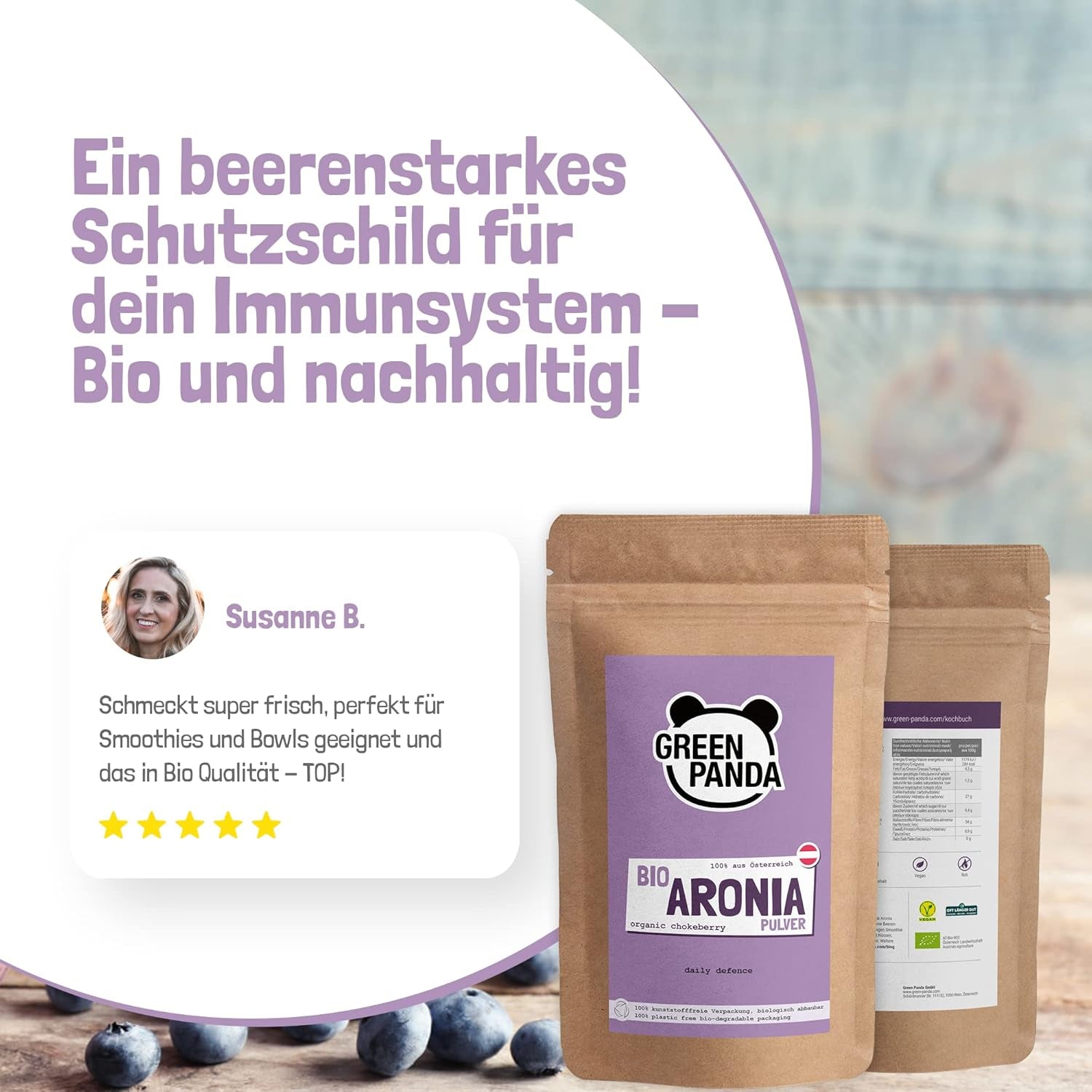 GREEN PANDA® økologisk chokeberry pulver fra Østrig | fintmalede tørrede chokebær | økologiske aroniabær uden tilsætningsstoffer | regionalt alternativ til acai-pulver og gojibær | 500g Naty Shop dehydrerede produkter