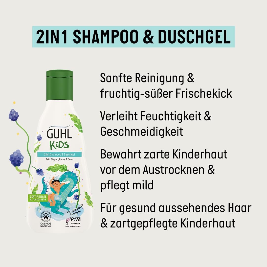 Guhl Kids Dino fordelssæt - 2x Guhl Kids 2 i 1 Shampoo & Shower Gel, 250ml + 1x Pixi bog - Specielt udviklet til børn - Ingen træk - Cosmos Natural Certificate Børn - Bad og hudpleje Naty Shop