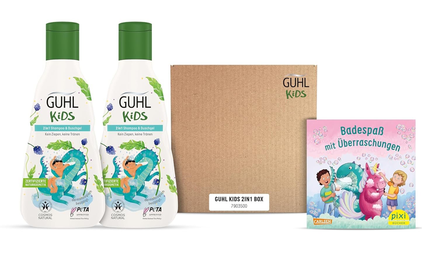 Guhl Kids Dino fordelssæt - 2x Guhl Kids 2 i 1 Shampoo & Shower Gel, 250ml + 1x Pixi bog - Specielt udviklet til børn - Ingen træk - Cosmos Natural Certificate Børn - Bad og hudpleje Naty Shop