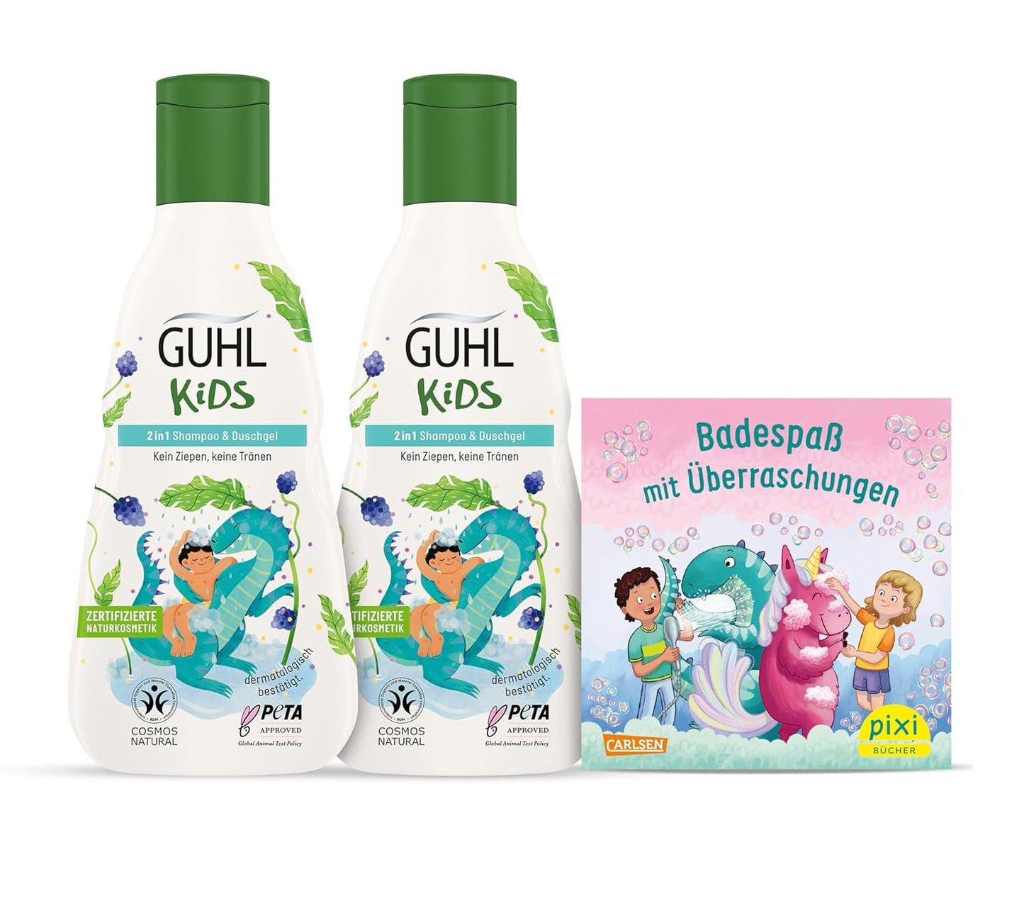 Guhl Kids Dino fordelssæt - 2x Guhl Kids 2 i 1 Shampoo & Shower Gel, 250ml + 1x Pixi bog - Specielt udviklet til børn - Ingen træk - Cosmos Natural Certificate Børn - Bad og hudpleje Naty Shop Standard titel