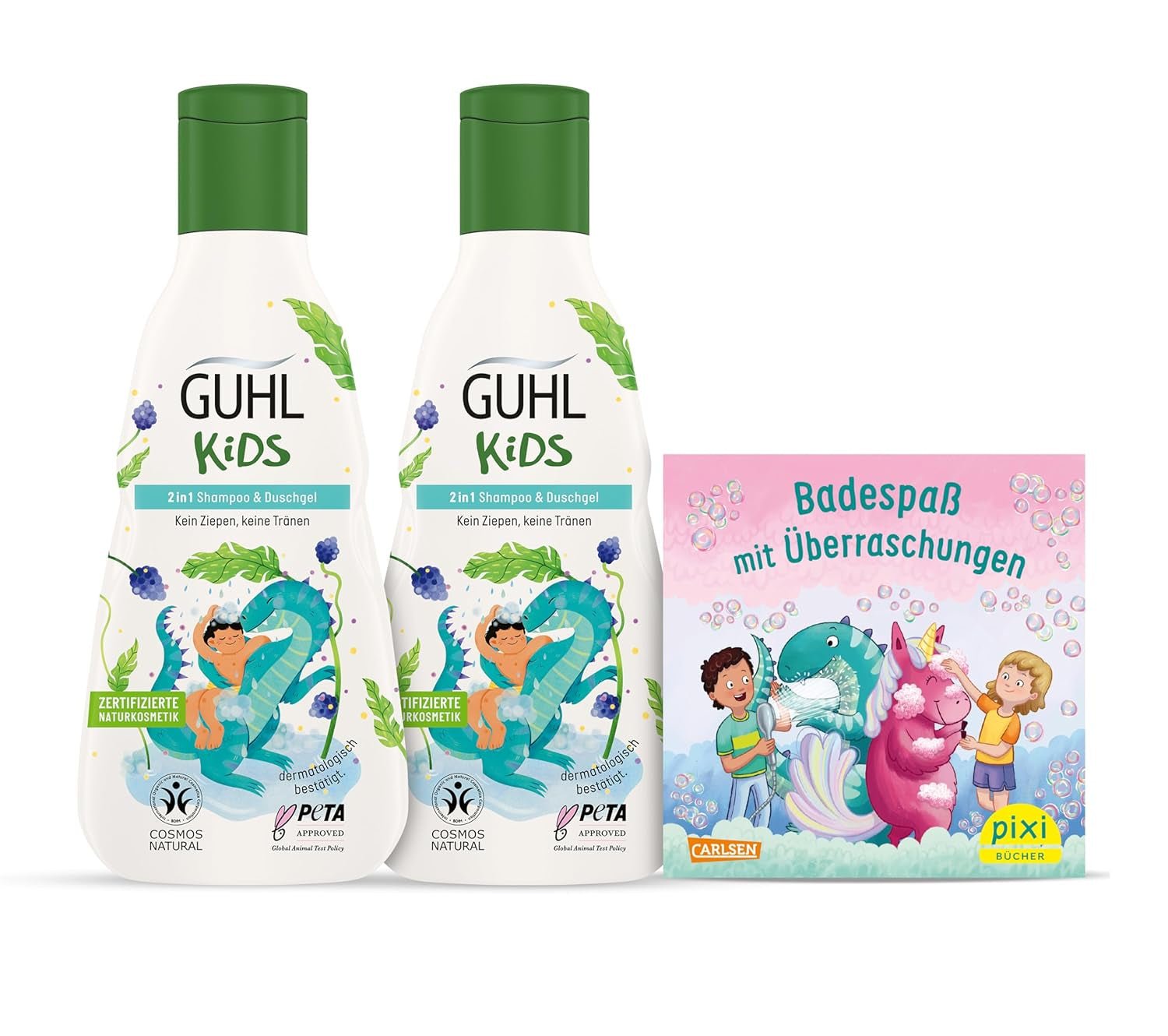 Guhl Kids Dino fordelssæt - 2x Guhl Kids 2 i 1 Shampoo & Shower Gel, 250ml + 1x Pixi bog - Specielt udviklet til børn - Ingen træk - Cosmos Natural Certificate Børn - Bad og hudpleje Naty Shop Standard titel