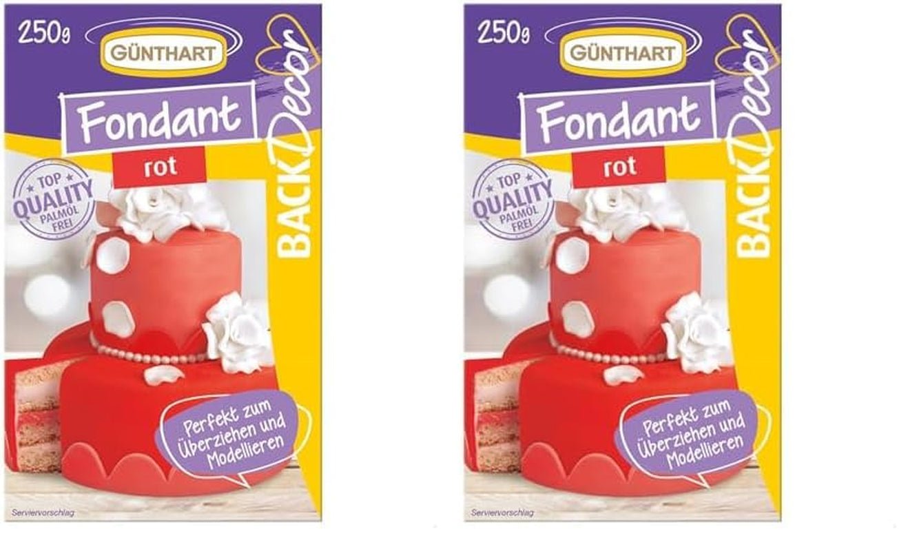 Günthart BackDecor 250 g rød fondant, palmeoliefri, rivefast til at dække kager og bagværk, velegnet til modellering, pakke med 2 (1 x 250 g) Naty Shop sukkerpasta rød 250 g (pakke med 2)