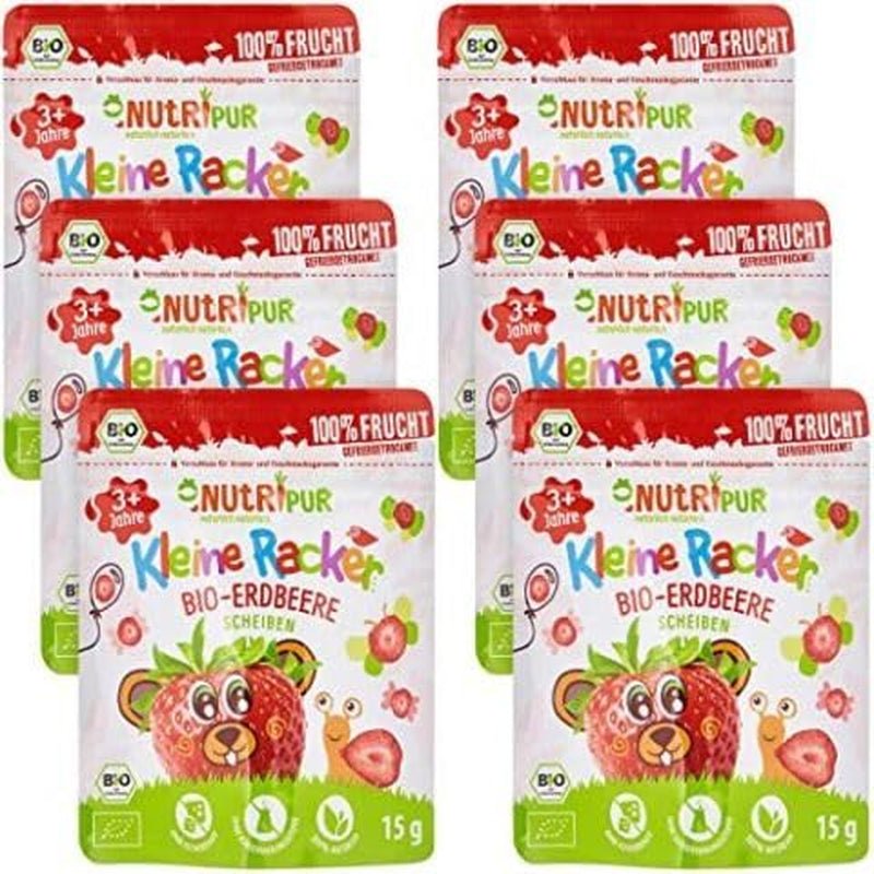 Økologisk frugtsnacks til børn: 6x15 g økologiske frysetørrede jordbær - Frysetørret frugt - Tørret frugt - Små slyngler fra NutriPur Dehydrerede produkter Naty Shop Standard titel