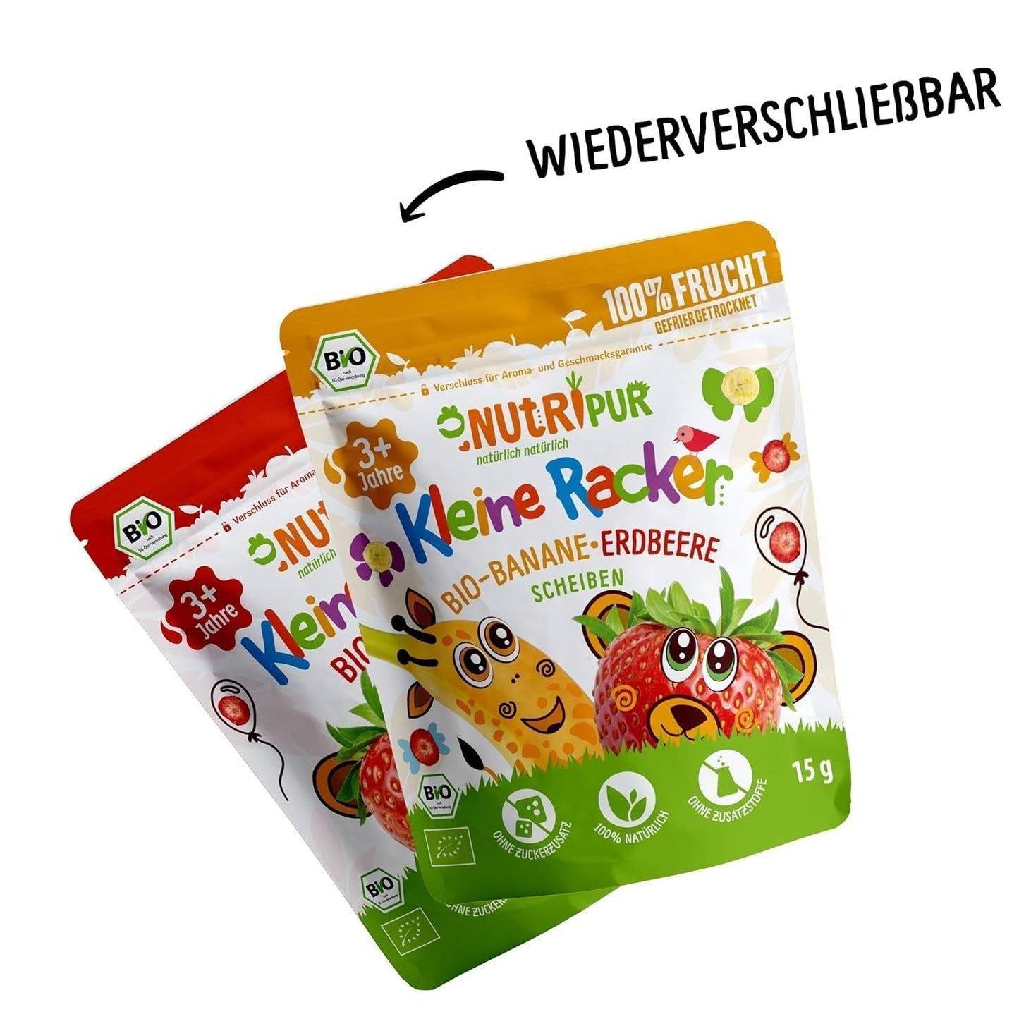 Økologisk frugtsnacks til børn: 6x15g økologiske frysetørrede jordbær - Frysetørrede frugter - Tørrede frugter - Små slyngler fra NutriPur Dehydrerede produkter Naty Shop
