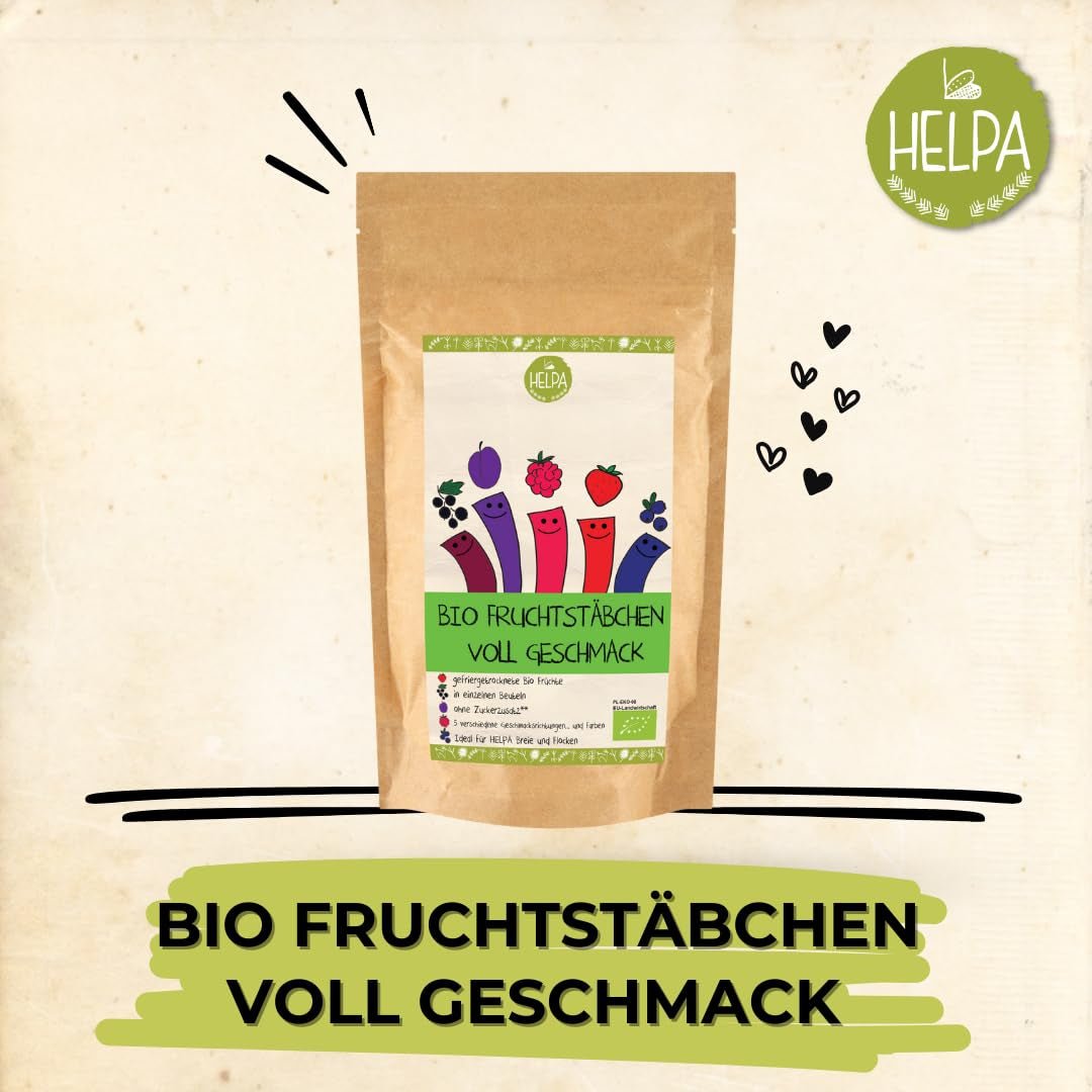 HELPA BIO-poser med frugtpulver - frugtagtige smage - frugter - jordbær - hindbær - blåbær - blommer - solbær - 100 % frysetørrede frugter - babymad Tørrede produkter Naty Shop
