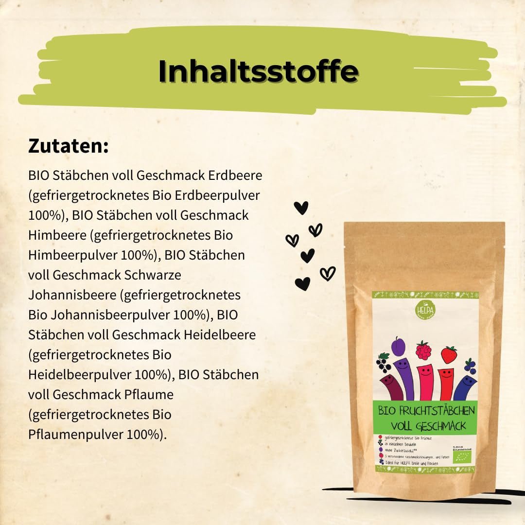 HELPA BIO-poser med frugtpulver - frugtagtige smage - frugter - jordbær - hindbær - blåbær - blommer - solbær - 100 % frysetørrede frugter - babymad Tørrede produkter Naty Shop