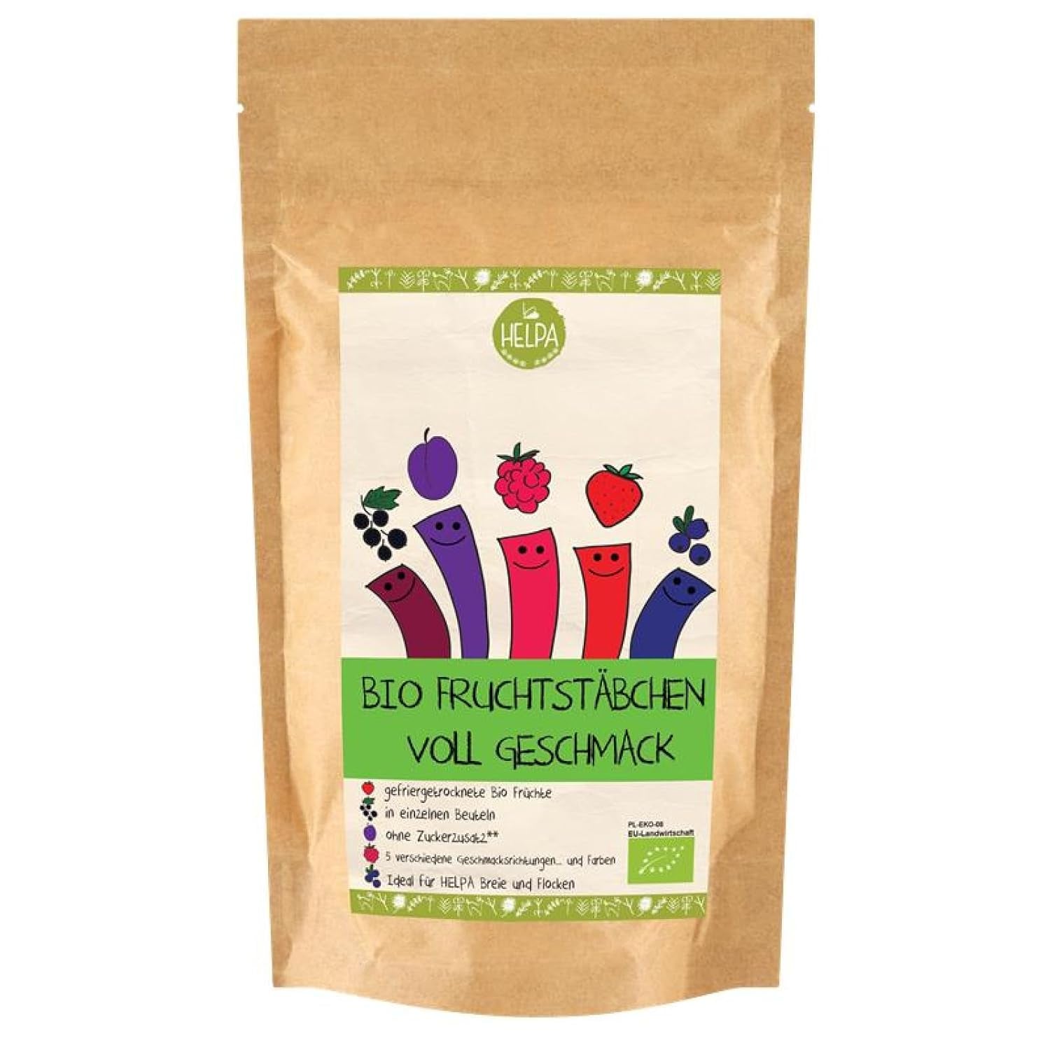 HELPA BIO-poser med frugtpulver - frugtagtige smage - frugter - jordbær - hindbær - blåbær - blommer - solbær - 100 % frysetørrede frugter - babymad Dehydrerede produkter Naty Shop Standard titel