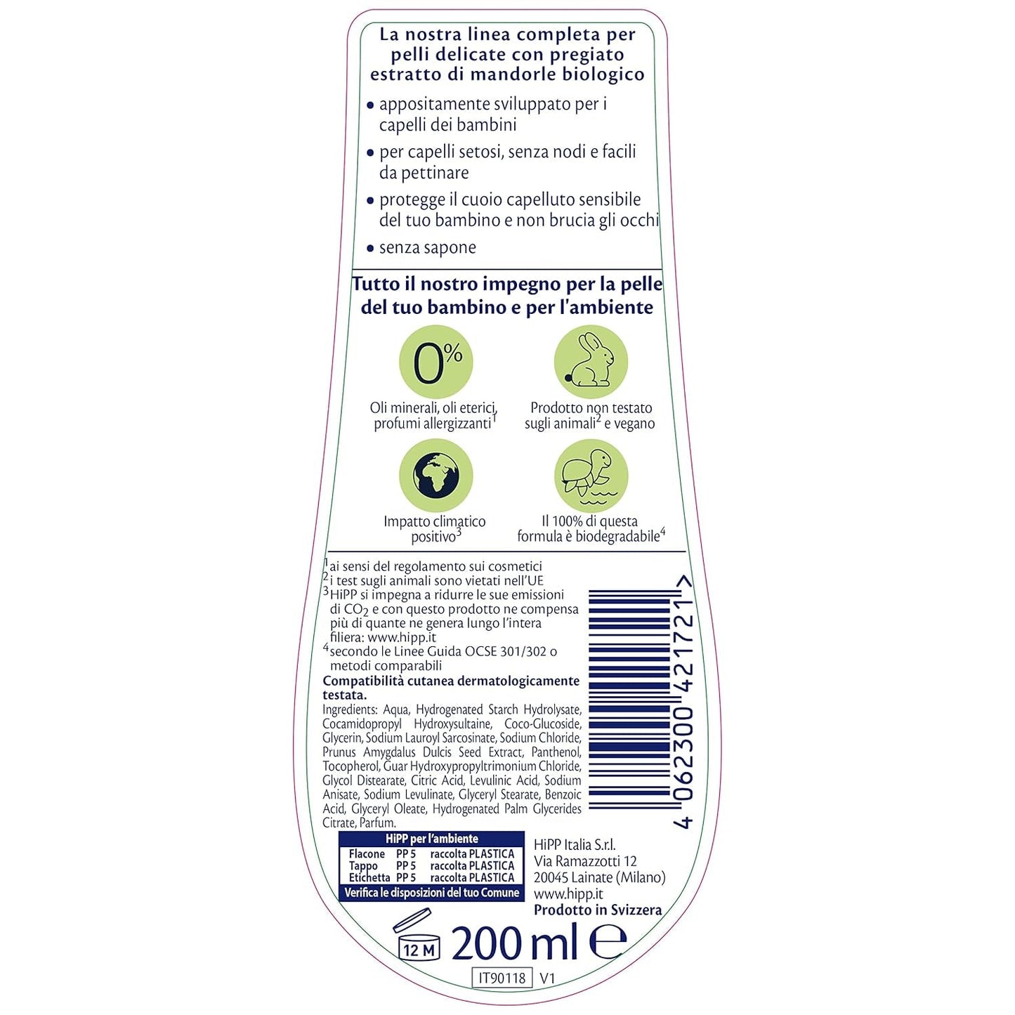 HiPP Baby Care Shampoo med balsam til børn, reder håret og beskytter hovedbunden, til følsom hud, med naturligt økologisk mandelekstrakt, 1 x 200 ml Børn - Bad og hudpleje Naty Shop
