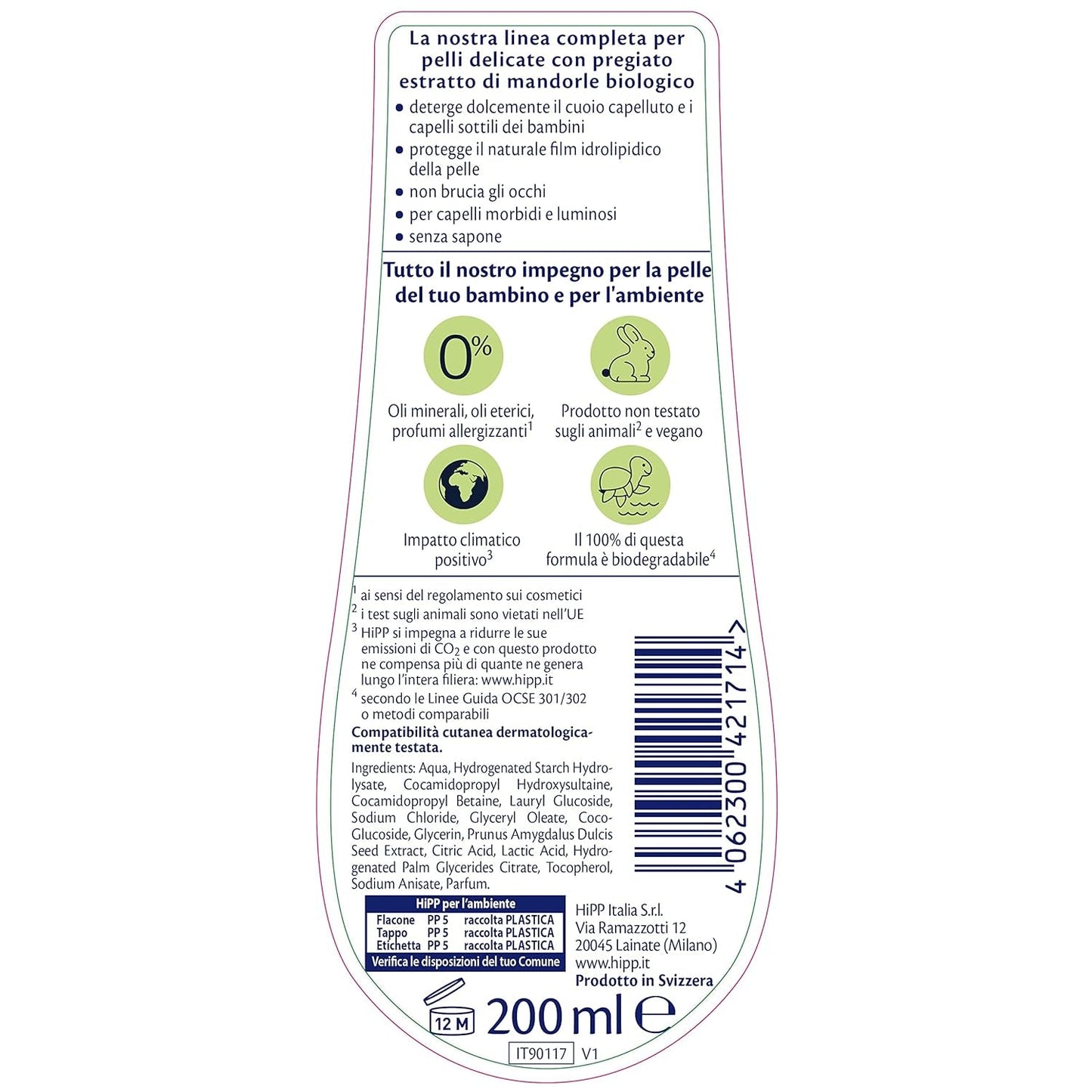 HiPP - Baby Care Skånsom shampoo til børn, renser og irriterer blidt øjnene, til følsom hud, med naturligt økologisk mandelekstrakt, 1 flaske med 200 ml børn - Bath and Skincare Naty Shop