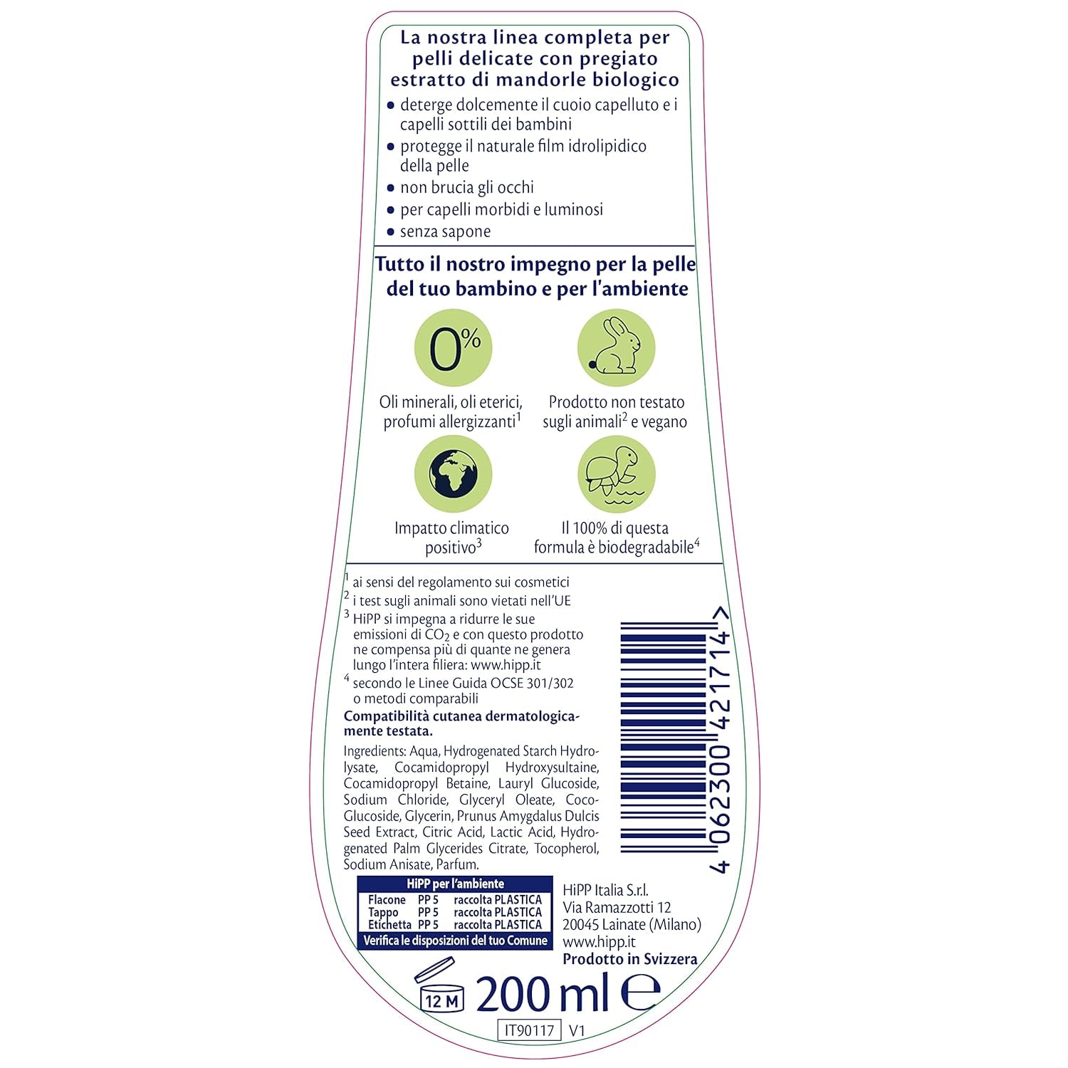 HiPP - Baby Care Skånsom shampoo til børn, renser og irriterer blidt øjnene, til følsom hud, med naturligt økologisk mandelekstrakt, 1 flaske med 200 ml børn - Bath and Skincare Naty Shop