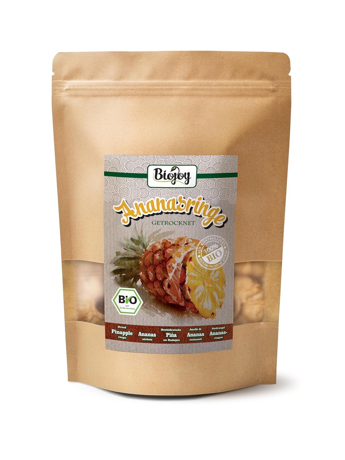 Biojoy BIO ananasringe, tørrede (1 kg), usvovlede Naty Shop dehydrerede produkter 250 G