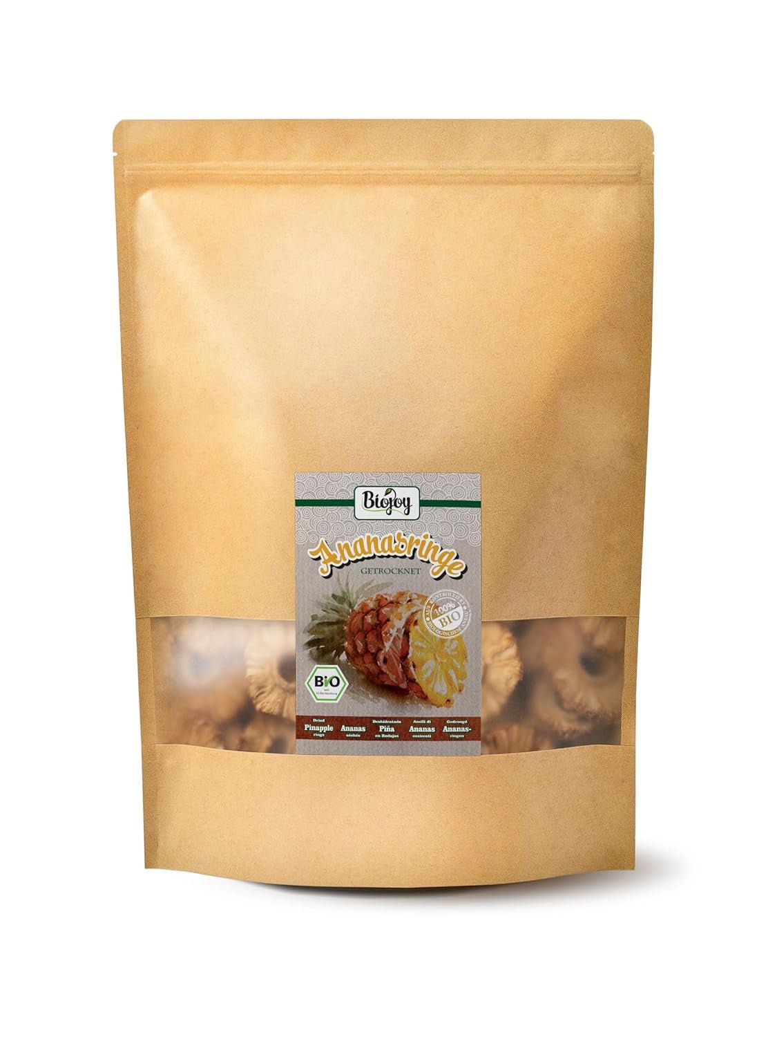 Biojoy BIO ananasringe, tørrede (1 kg), usvovlede Naty Shop dehydrerede produkter 1 kg (1 pakke)