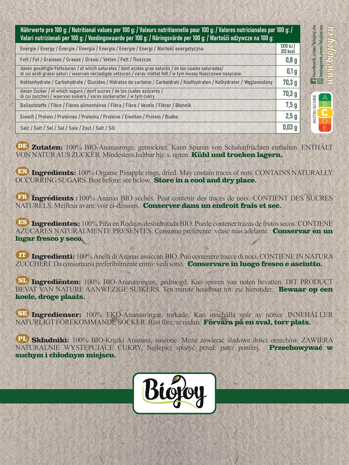 Biojoy BIO ananasringe, tørrede (1 kg), usvovlede Naty Shop dehydrerede produkter