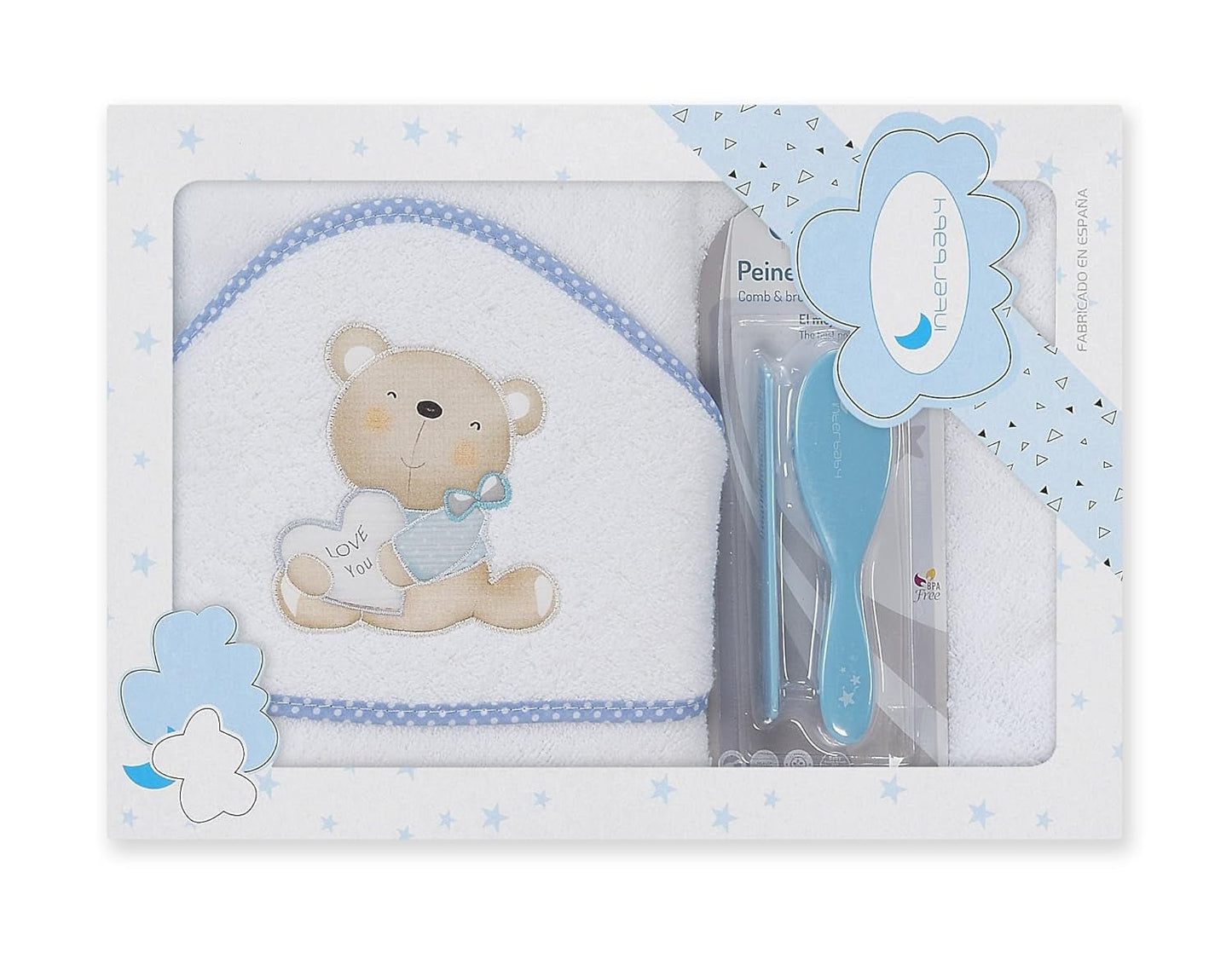 Interbaby P1177-11 Badehåndklæde med hætte til børn LOVE YOU hvid og blå med kam og børste, blå Børn - Bad og hudpleje Naty Shop Standard titel