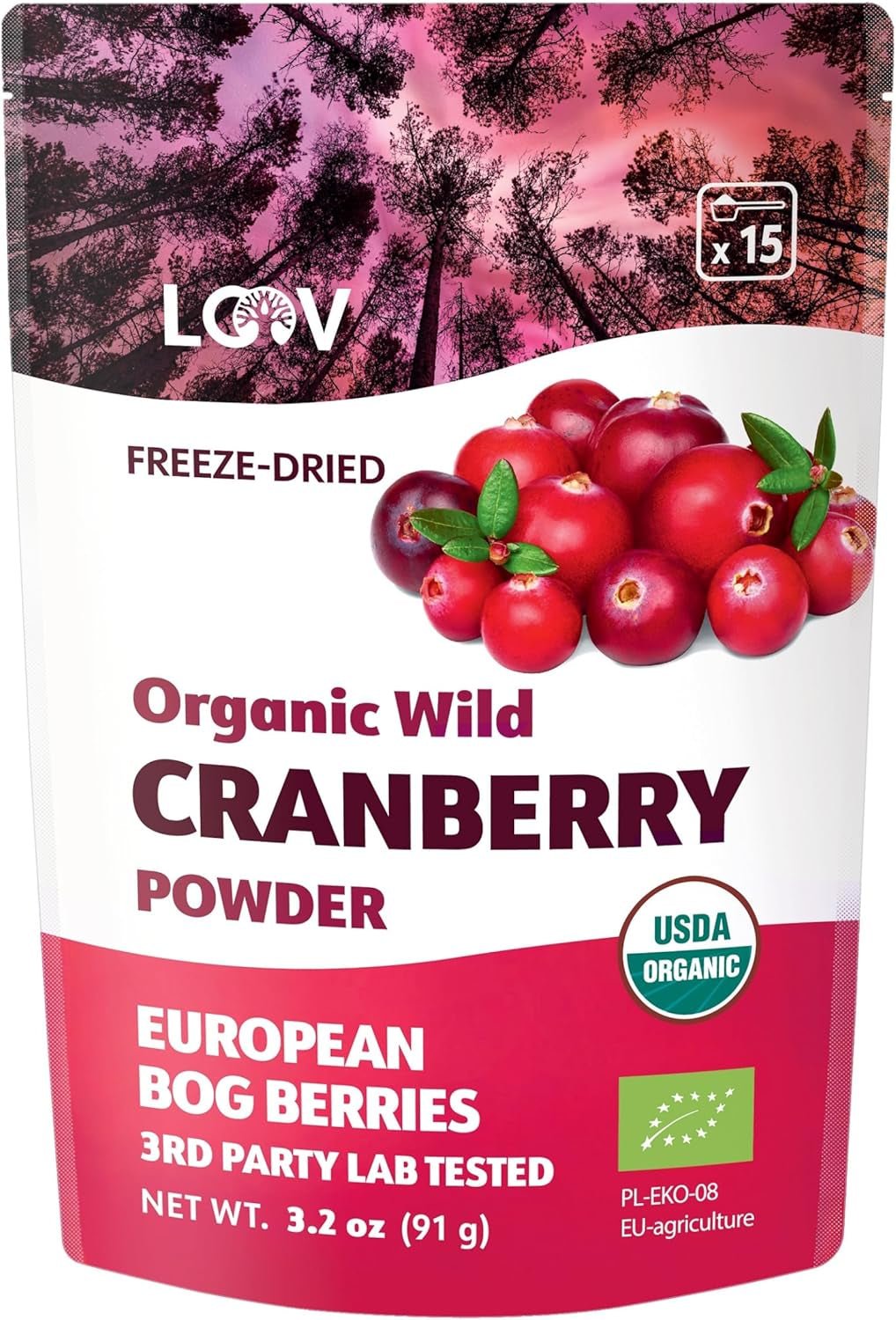 LOOV økologisk blåbærpulver lavet af 100% hele vilde frysetørrede blåbær høstet i nordeuropæiske skove 113g uden tilsat sukker Naty Shop Dehydrerede produkter 91G tranebærpulver