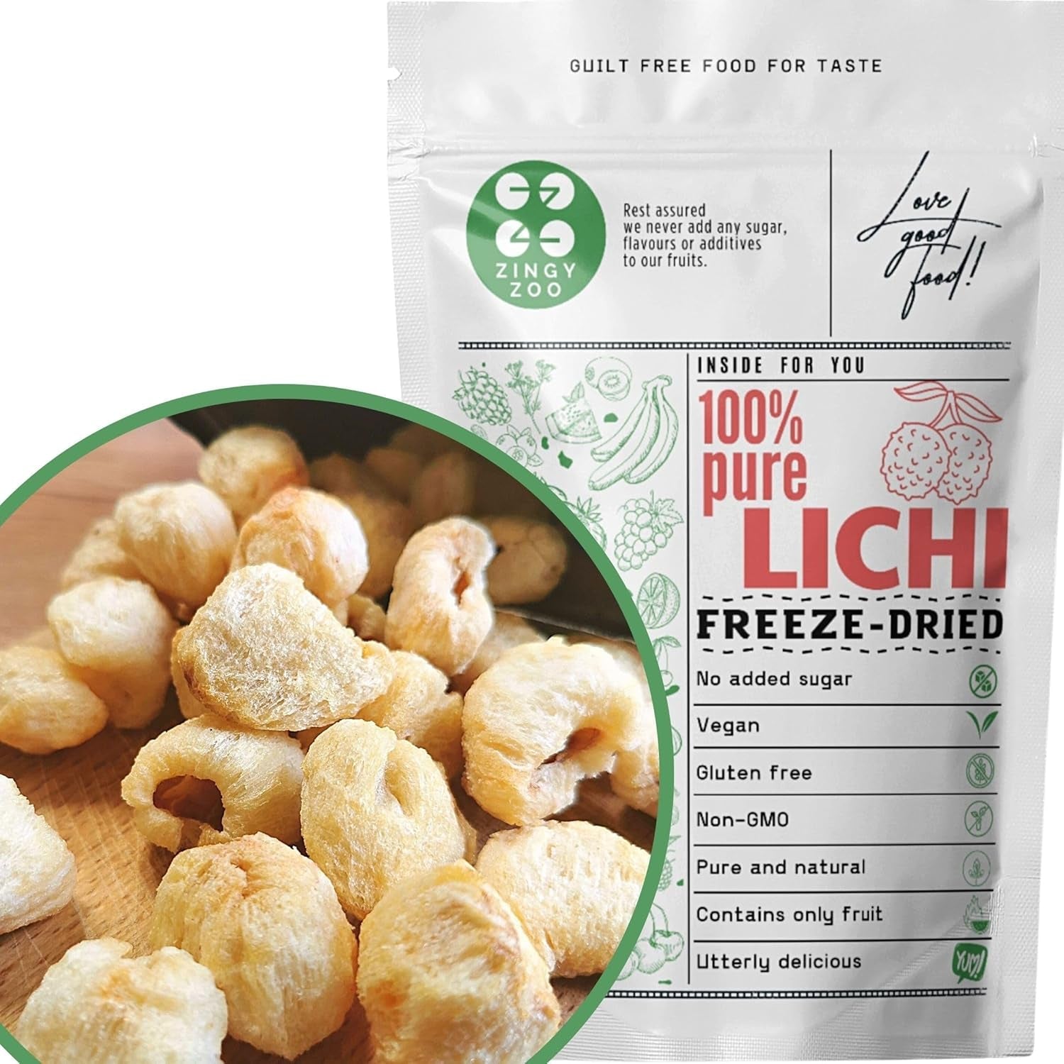 Frysetørret litchi | 100% Litchi tørret frysetørret frugt | naturligt tørret Vegansk glutenfri | Ikke litchi juice Litchi sirup | Frysetørret frugt tropisk litchi | ZingyZoo Dehydrerede produkter Naty Shop Standard titel