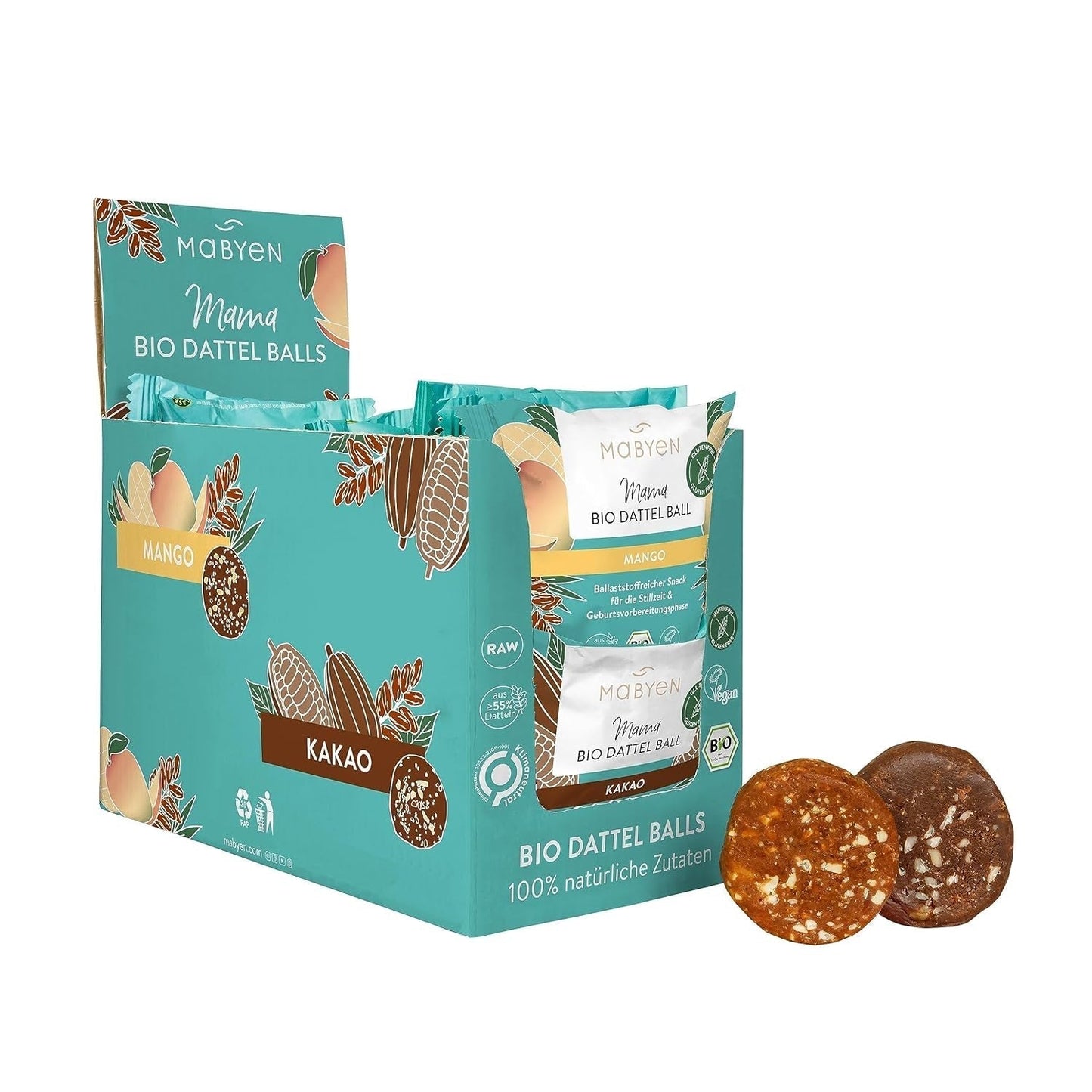 MABYEN Energikugler Dato Økologisk 20 stk. | Dadelkugler - Sukkerfri sunde snacks til graviditet og amning - Proteinbarer med tørret frugt - 13x kakao og 7x mango smag Naty Shop Dehydrerede produkter 40 G (pakke med 20) Kakao + Mango