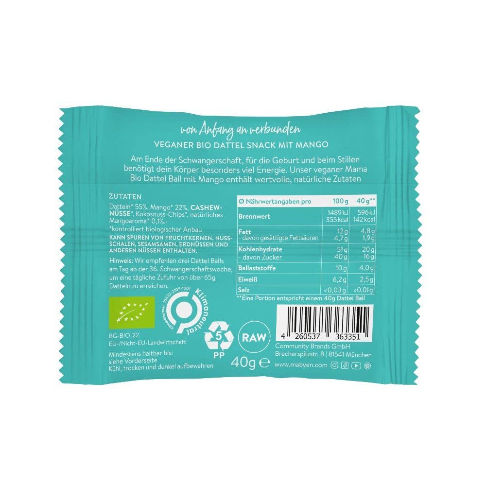 MABYEN Energikugler Dato Økologisk 20 stk. | Dadelkugler - Sukkerfri sunde snacks til graviditet og amning - Proteinbarer med tørret frugt - 13 x kakao og 7 x mangosmag Dehydrerede produkter Naty Shop