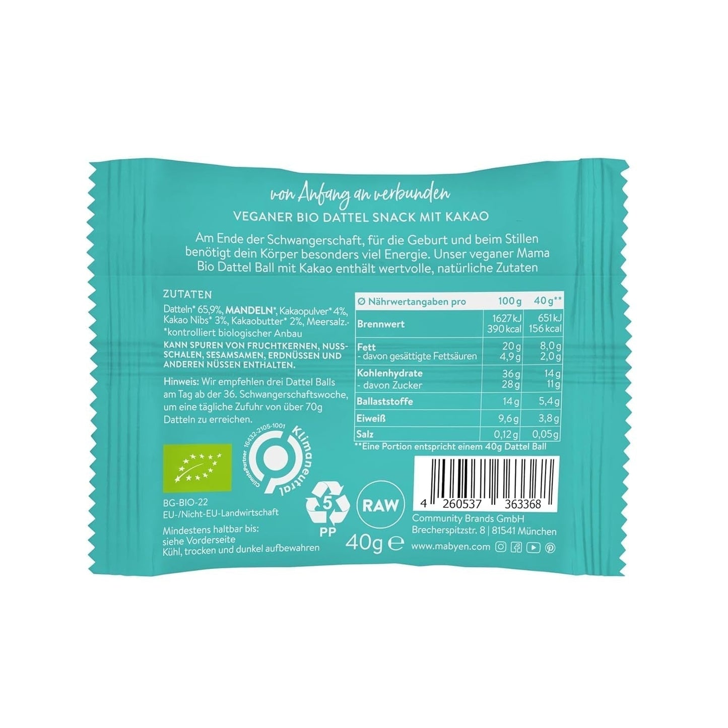 MABYEN Energikugler Dato Økologisk 20 stk. | Dadelkugler - Sunde sukkerfrie snacks til graviditet og amning - Proteinbar med tørret frugt - Kakaosmag Dehydrerede produkter Naty Shop