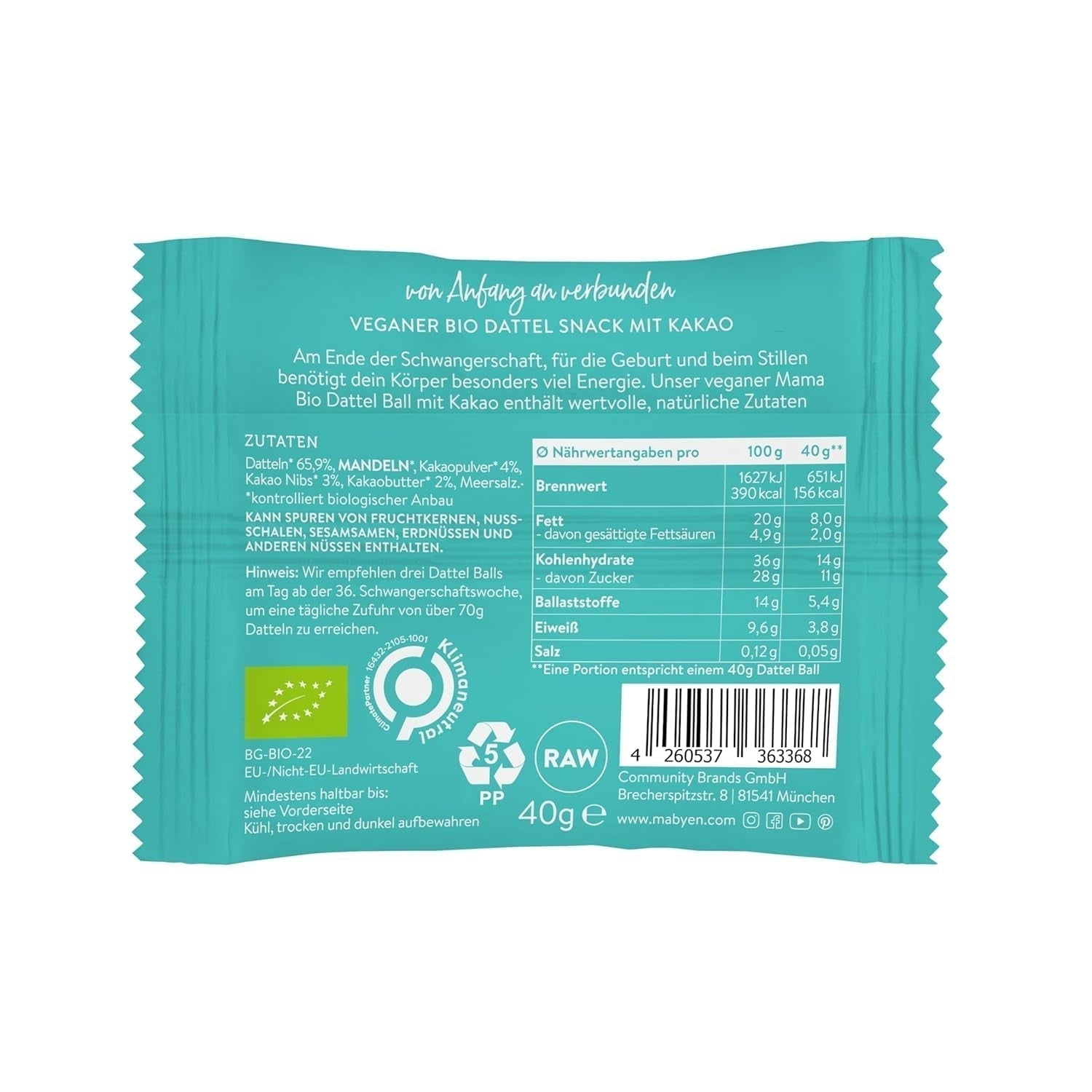 MABYEN Energikugler Dato Økologisk 20 stk. | Dadelkugler - Sunde sukkerfrie snacks til graviditet og amning - Proteinbar med tørret frugt - Kakaosmag Dehydrerede produkter Naty Shop
