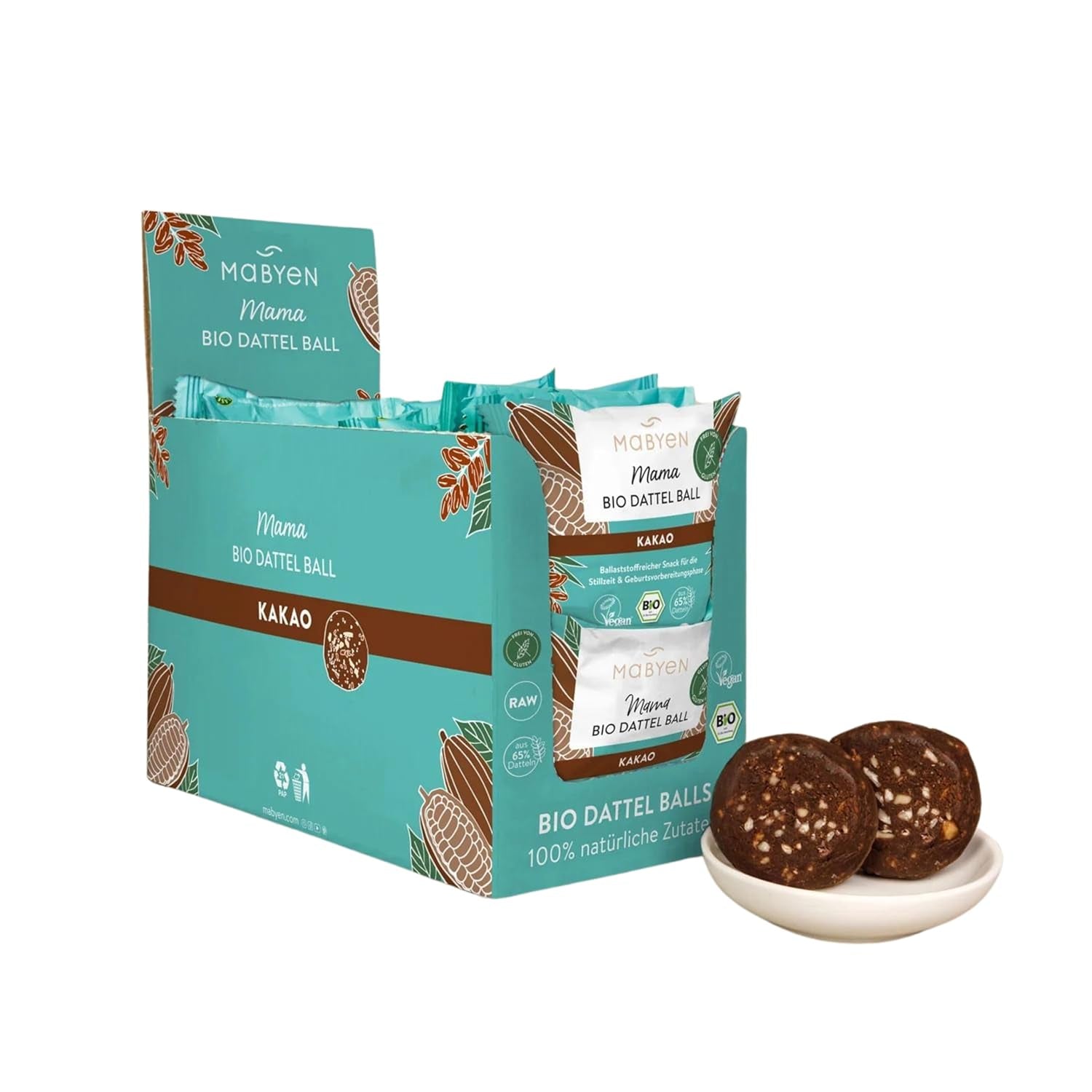MABYEN Energikugler Dato Økologisk 20 stk. | Dadelkugler - Sukkerfri sunde snacks til graviditet og amning - Proteinbar med tørret frugt - Kakaosmag Dehydrerede produkter Naty Shop Standardtitel