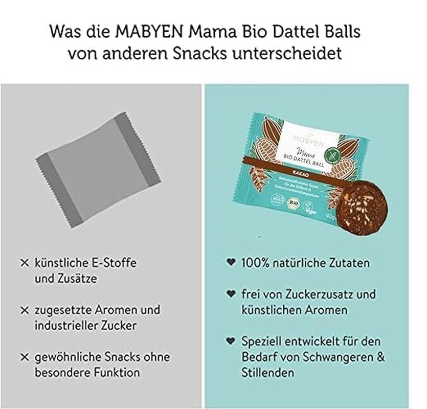 MABYEN Energikugler Dato Økologisk 20 stk. | Dadelkugler - Sunde sukkerfrie snacks til graviditet og amning - Proteinbar med tørret frugt - Kakaosmag Dehydrerede produkter Naty Shop