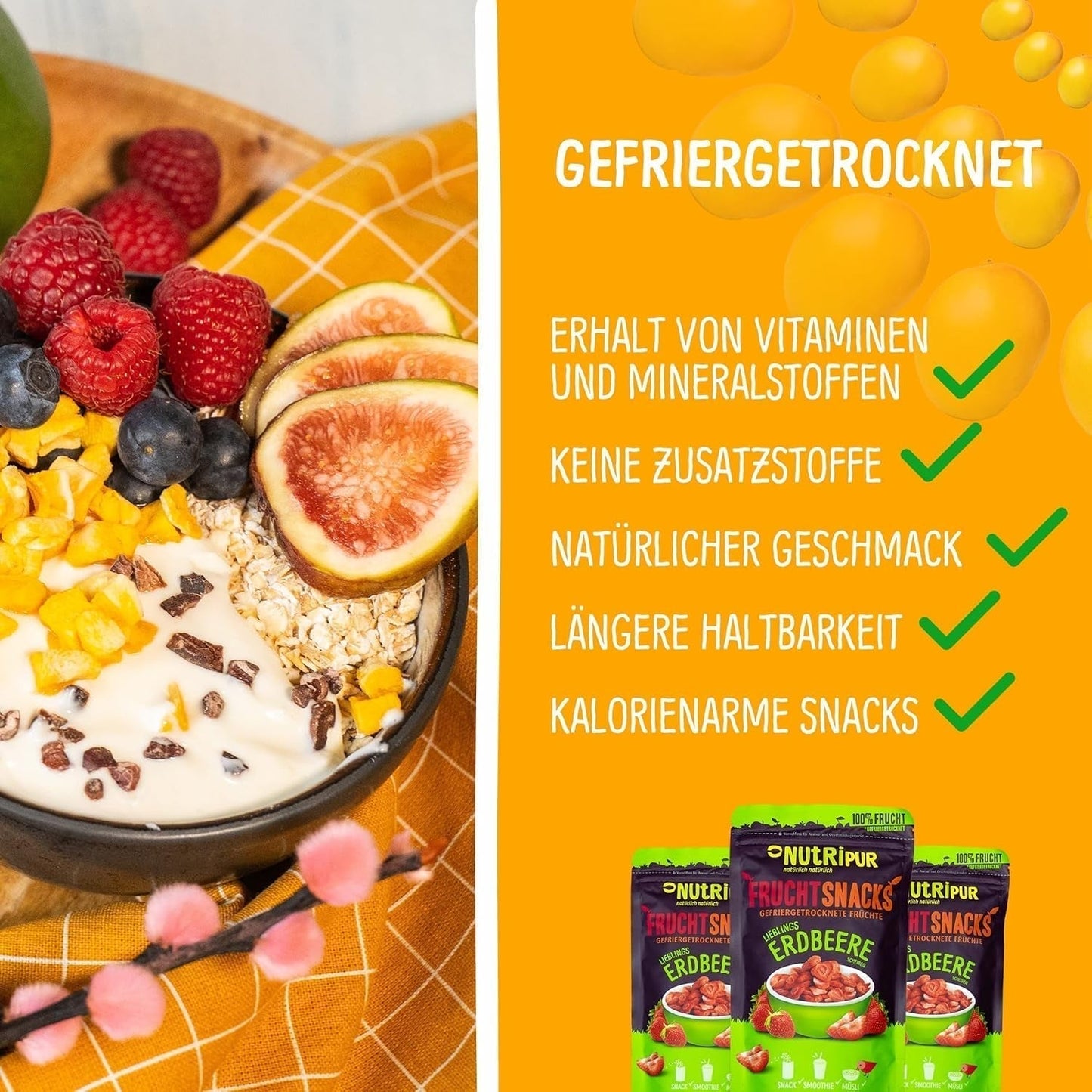 Frysetørret mango: 100g frysetørret frugt fra møre stykker mango uden tilsat sukker - tørret mango - tørret mango - tørret frugt - tørret frugt fra NutriPur Dehydrerede produkter Naty Shop