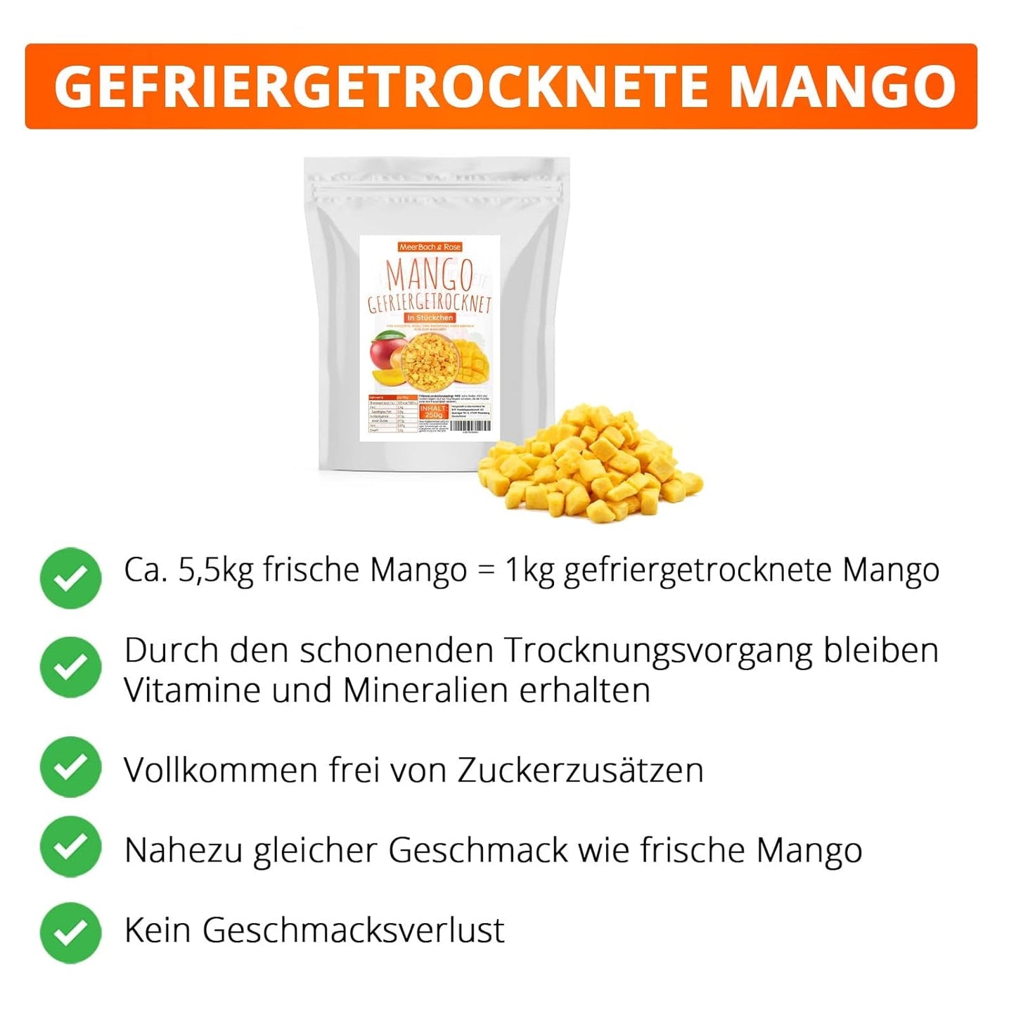 Frysetørret mango, 250 g frysetørret frugt, uden tilsætningsstoffer, frugtagtig, fremstillet i Tyskland Dehydrerede produkter Naty Shop