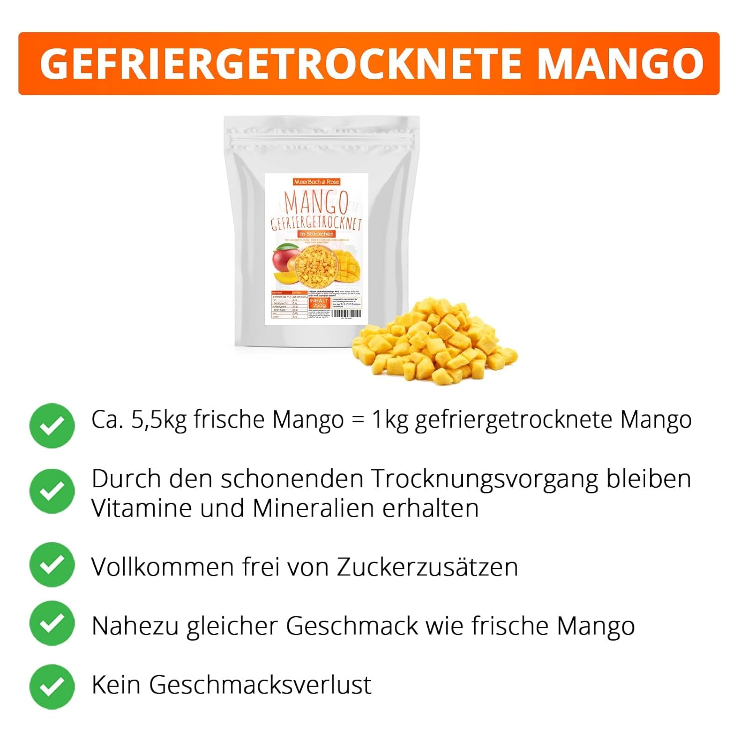Frysetørret mango, 250 g frysetørret frugt, uden tilsætningsstoffer, frugtagtig, fremstillet i Tyskland Dehydrerede produkter Naty Shop