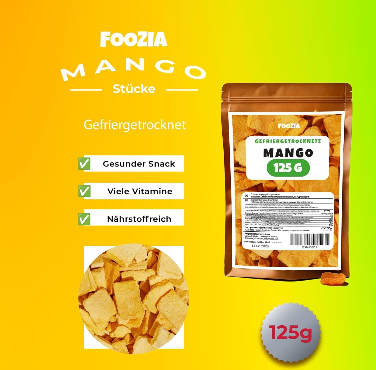 Frysetørret mango store stykker Frysetørret frugt Ingen tilsætningsstoffer 100% ren naturlig mango Frysetørret mango Tørret frugt Tørret mango 125g fra Foozia (125g) Tørrede produkter Naty Shop
