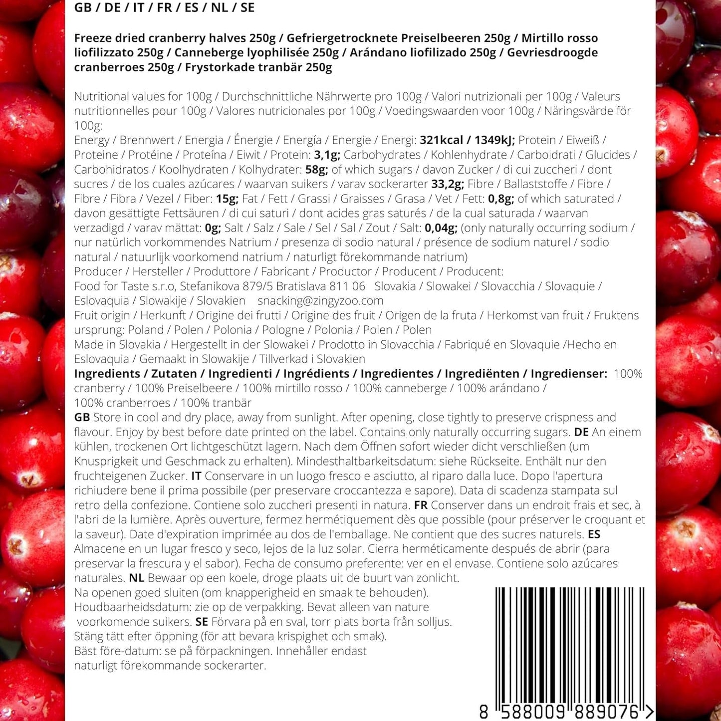 Frysetørrede tranebær uden sukker | XL 250g Frysetørrede naturlige usødede tranebær | Frysetørrede naturlige vilde frugter | Frysetørrede tranebær | ZingyZoo Dehydrerede produkter Naty Shop