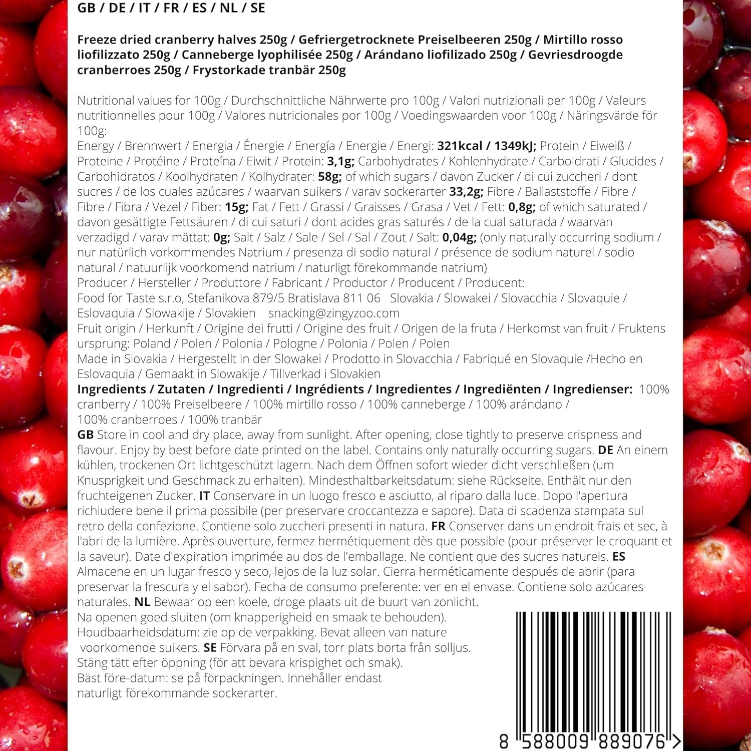 Frysetørrede tranebær uden sukker | XL 250g Frysetørrede naturlige usødede tranebær | Frysetørrede naturlige vilde frugter | Frysetørrede tranebær | ZingyZoo Dehydrerede produkter Naty Shop