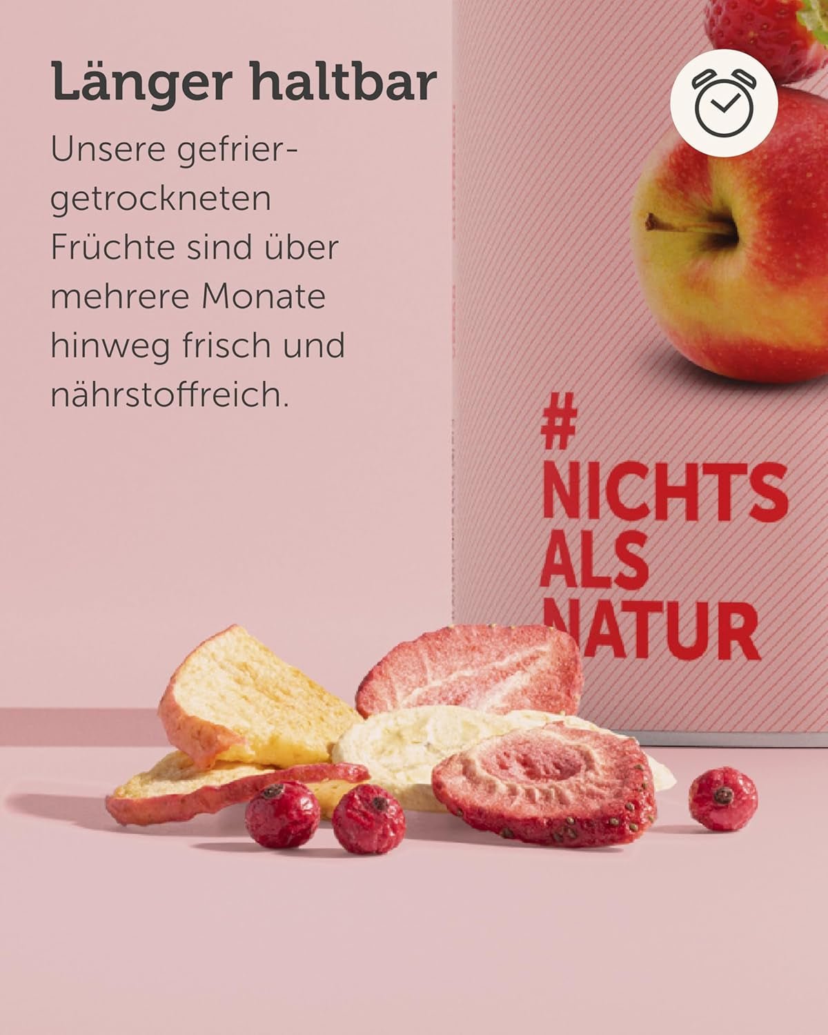 Frysetørret frugtblanding BUAH® | Frysetørrede jordbær, bananer, æbler og ribs uden tilsat sukker | 100% frugt | Veganske, glutenfri, laktosefri (140g) Naty Shop dehydrerede produkter