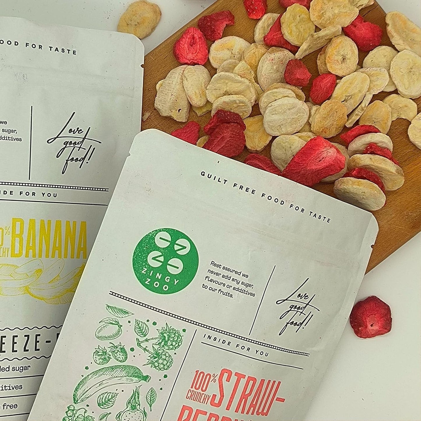 Blanding af frysetørrede frugter ErdBana XL 300g | Frysetørrede bananer + frysetørrede jordbær Frysetørrede frugtsmagesæt | Jordbær og banan frysetørret frugtblanding | ZingyZoo Dehydrerede produkter Naty Shop