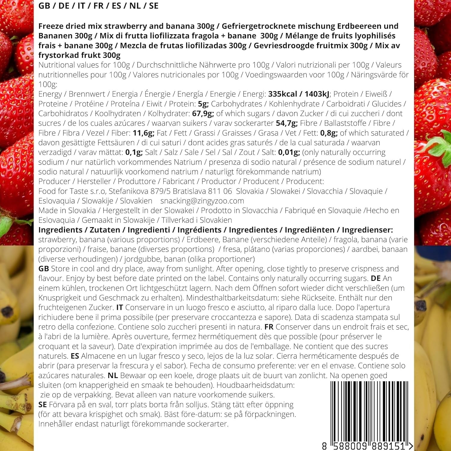 Blanding af frysetørrede frugter ErdBana XL 300g | Frysetørrede bananer + frysetørrede jordbær Frysetørrede frugtsmagesæt | Jordbær og banan frysetørret frugtblanding | ZingyZoo Dehydrerede produkter Naty Shop