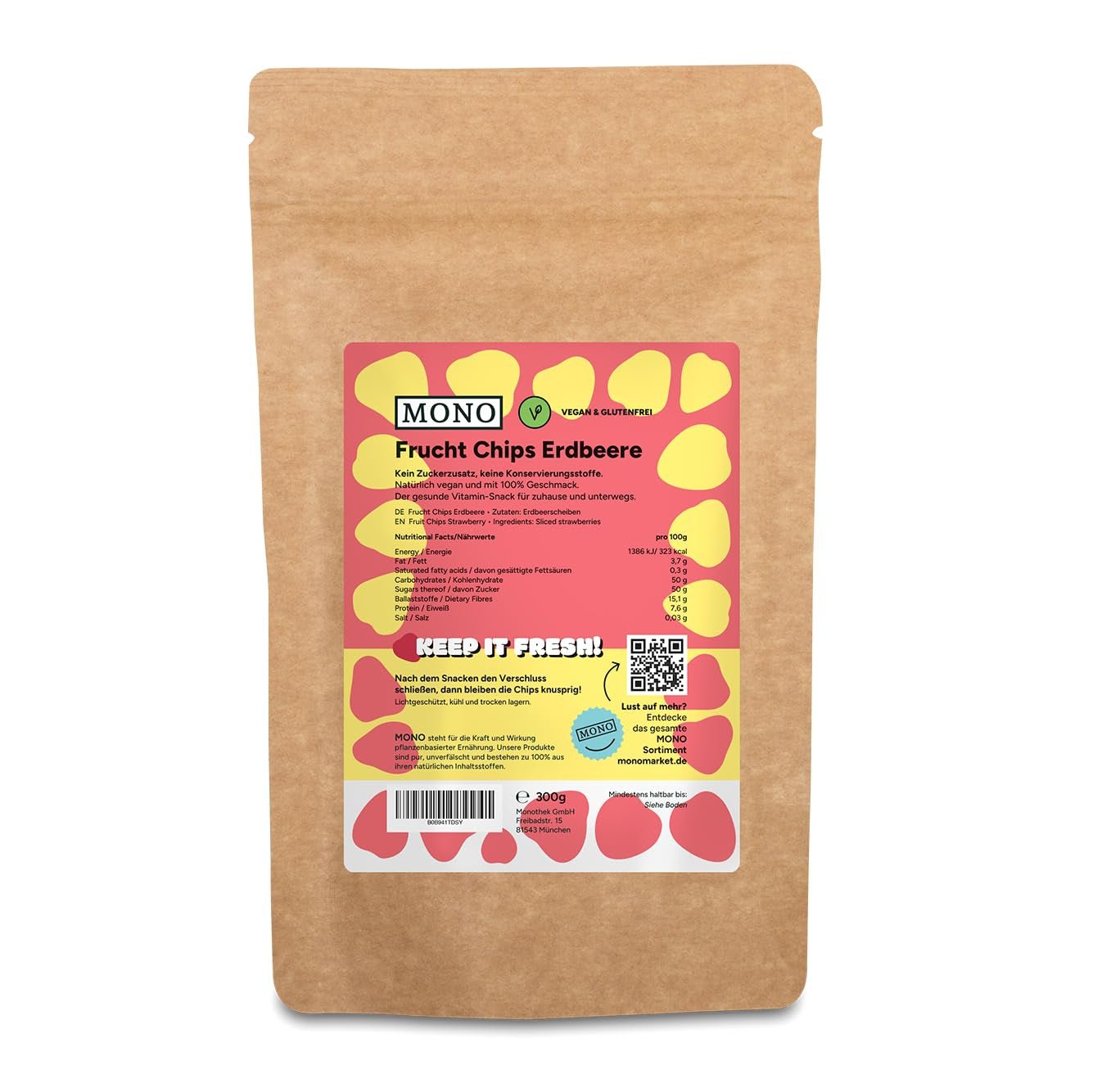 Mono frysetørrede chips - 300 g jordbærchips fra 100 % naturlige jordbær - tørret tropisk frugt - tørret jordbærfrugt - snack til müsli og desserter - jordbærchips Dehydrerede produkter Naty Shop