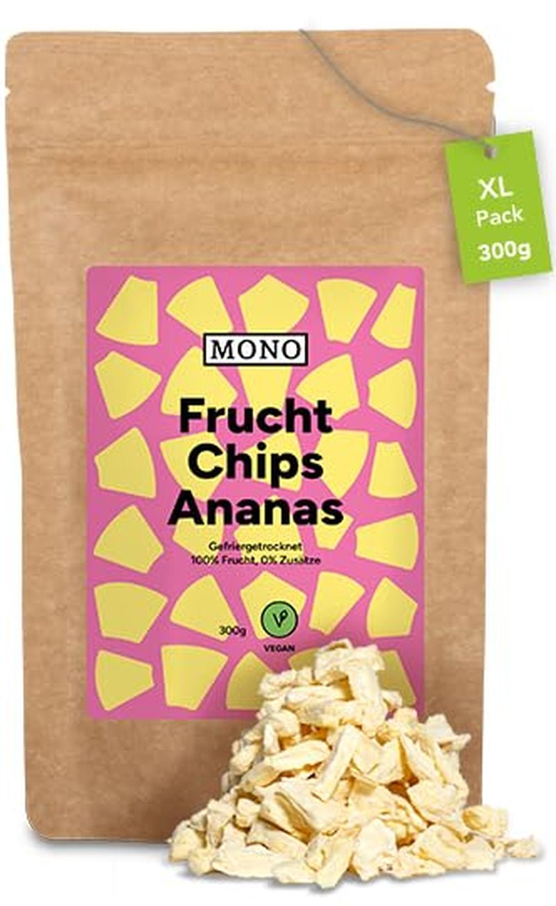 Mono frysetørrede chips - 300 g jordbærchips fra 100 % naturlige jordbær - tørret tropisk frugt - tørret jordbærfrugt - snack til mysli og desserter - jordbærchips Dehydrerede produkter Naty Shop Ananaschips