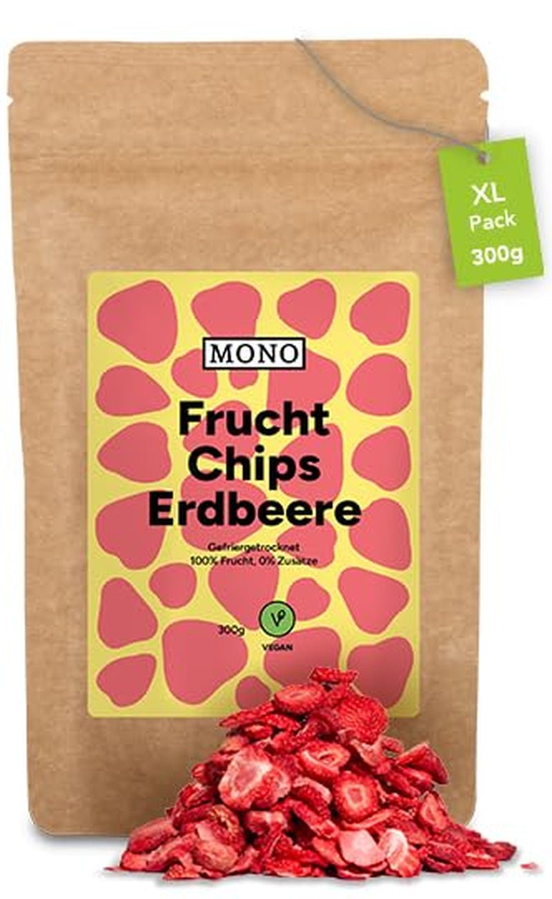 Mono frysetørrede chips - 300 g jordbærchips fra 100 % naturlige jordbær - tørret tropisk frugt - tørret jordbærfrugt - snack til müsli og desserter - jordbærchips Dehydrerede produkter Naty Shop Strawberries