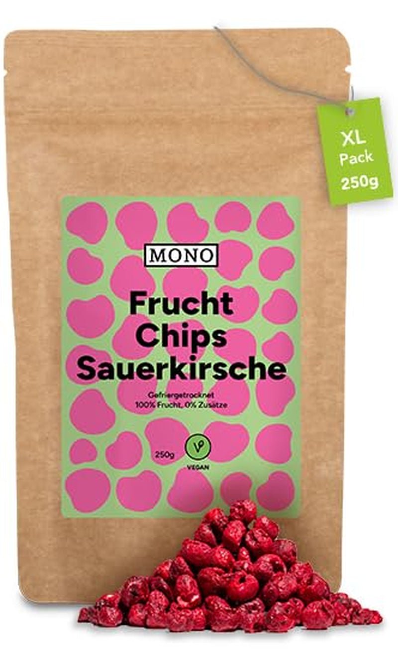 Mono frysetørrede chips - 300 g jordbærchips fra 100 % naturlige jordbær - tørret tropisk frugt - tørret jordbærfrugt - snack til müsli og desserter - jordbærchips Dehydrerede produkter Naty Shop Bitterkirsebær