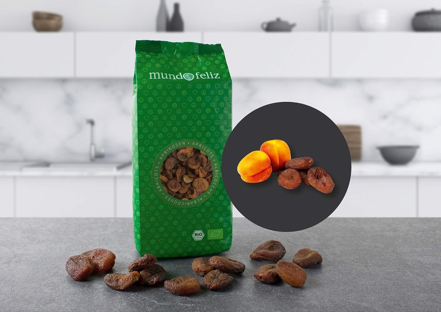 Mundo Feliz Tørrede abrikoser med gruber fra økologisk landbrug, 2 x 500 g Tørrede produkter Min butik