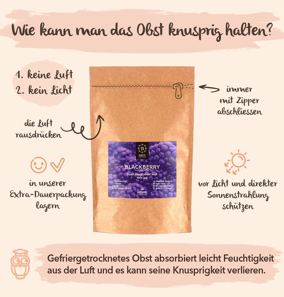 Frysetørrede brombær BRIX | Naturlige brombær, tørret 105 g | Great Taste Award for tørrede bær | Ikke-GMO, glutenfri, veganske, tilbageholdte vitaminer Naty Shop dehydrerede produkter