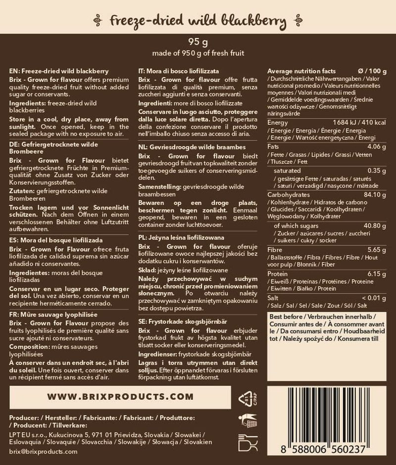 Vilde brombær BRIX | Naturlige vilde brombær, tørret 95 g | Great Taste Award for tørrede bær | Ikke-GMO, glutenfri, veganske, tilbageholdte vitaminer Naty Shop dehydrerede produkter