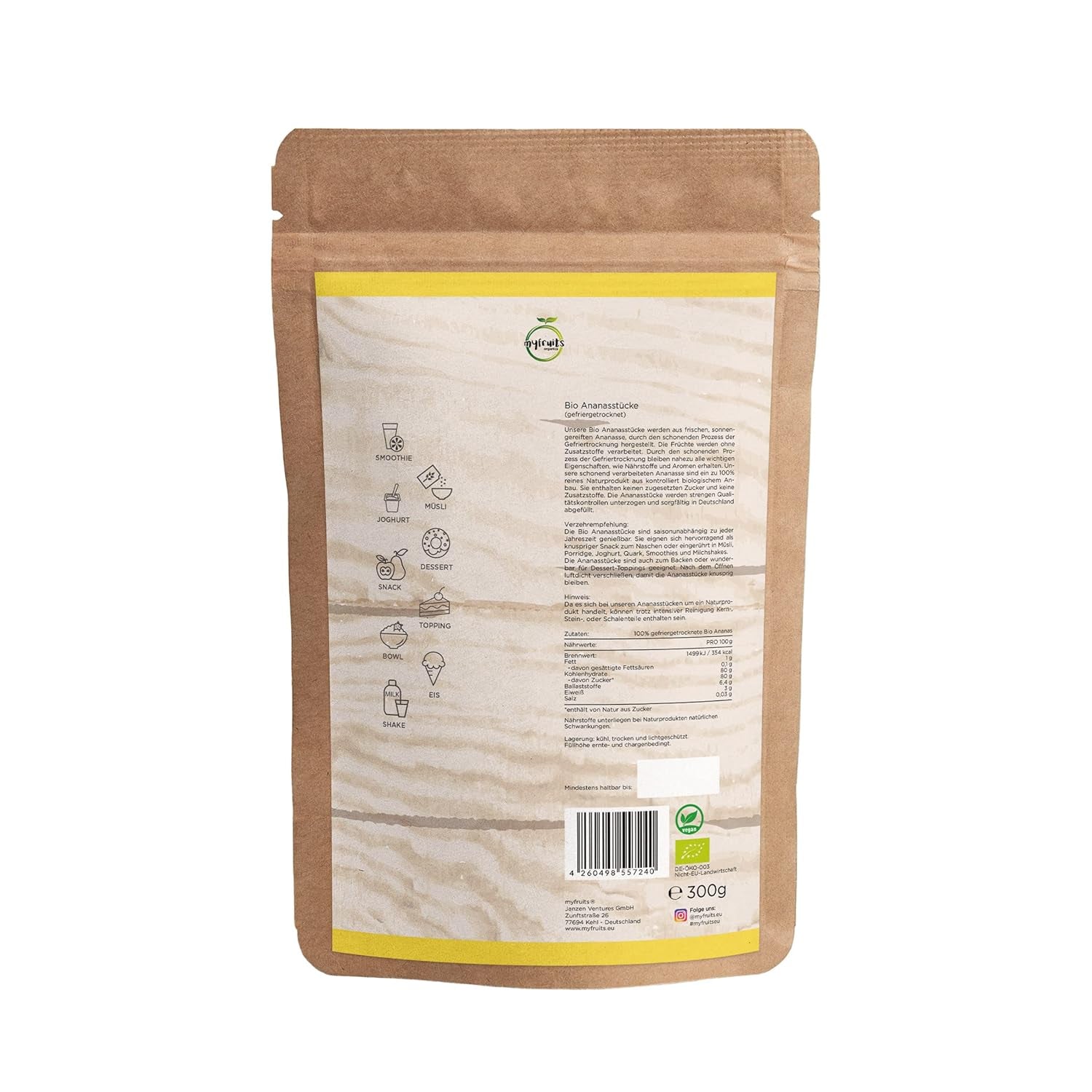 myfruits økologisk frysetørret ananas, 300g, tørret frugt uden tilsætningsstoffer, 100% ananas i store stykker, frysetørret frugt til müsli eller som snack Tørrede produkter Naty Shop