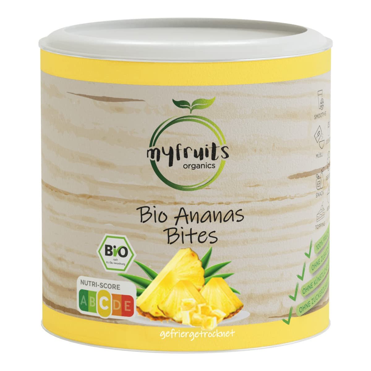 myfruits økologisk frysetørret ananas, 300g, tørret frugt uden tilsætningsstoffer, 100% ananas i store stykker, frysetørret frugt til müsli eller som snack Tørrede produkter Naty Shop 85 Gram