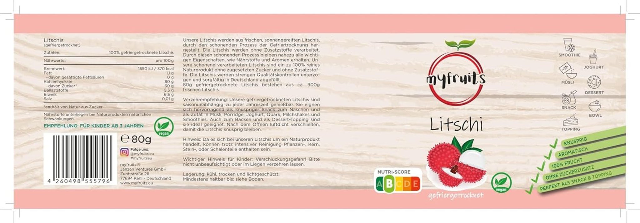 myfruits litchi, frysetørret, 80g, uden tilsætningsstoffer, 100% frugt, frysetørret frugt og tørret frugt Dehydrerede produkter Naty Shop