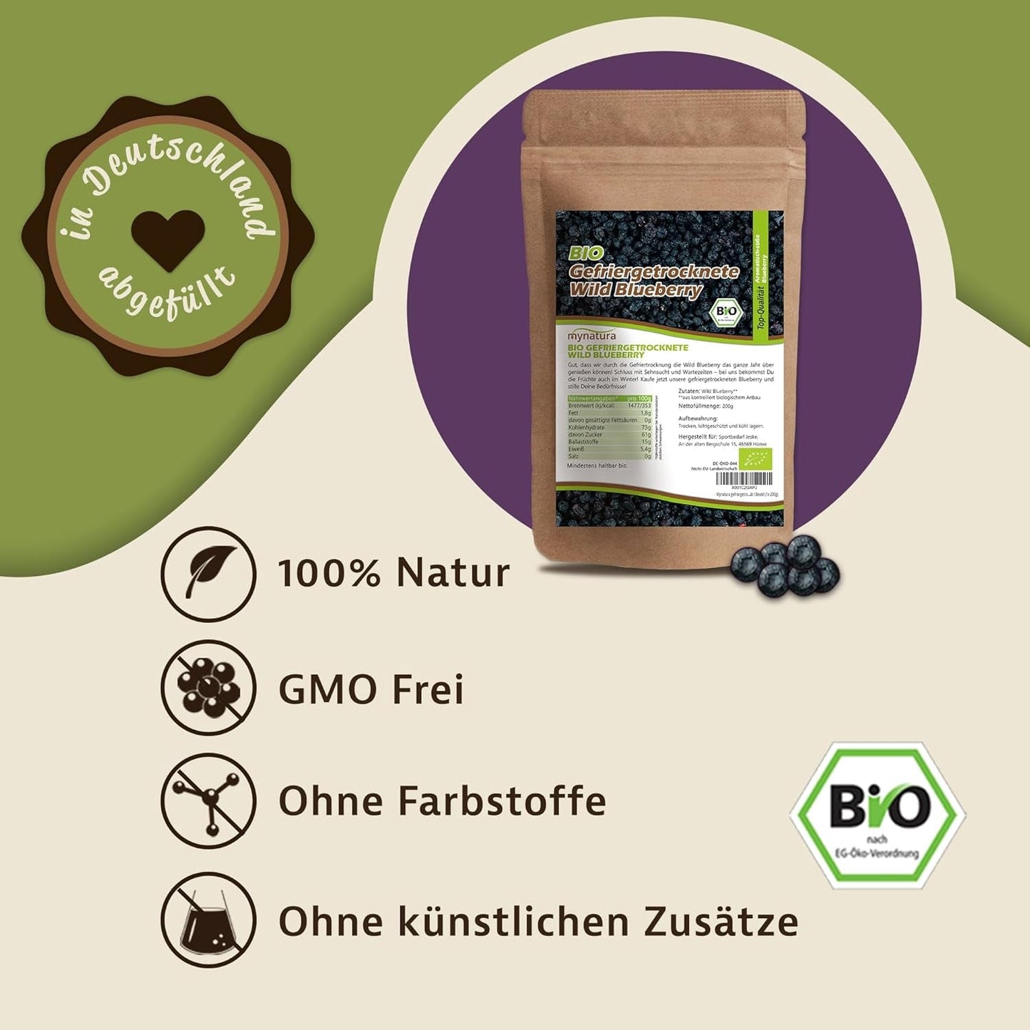 Mynatura økologiske frysetørrede vilde blåbær I Blåbær I Frugt I Bær I Naturprodukt I Økologisk kvalitet I Taske (1x 200g) Tørrede produkter Naty Shop