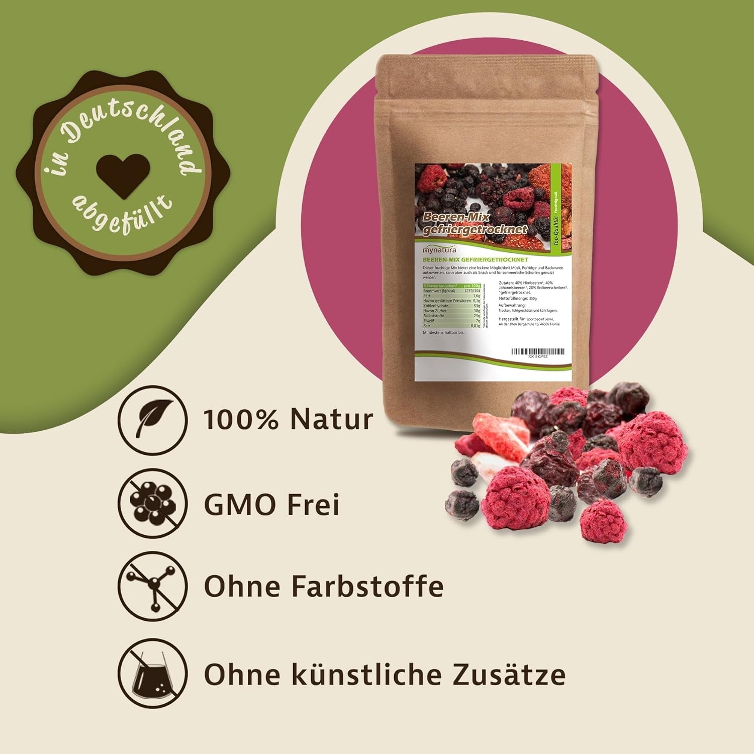 Mynatura Farverig blanding af frysetørrede bær I Frugtblanding I Hindbær I Solbær I Jordbær I Frugtsnacks I Vegansk I 350g Dehydrerede produkter Naty Shop