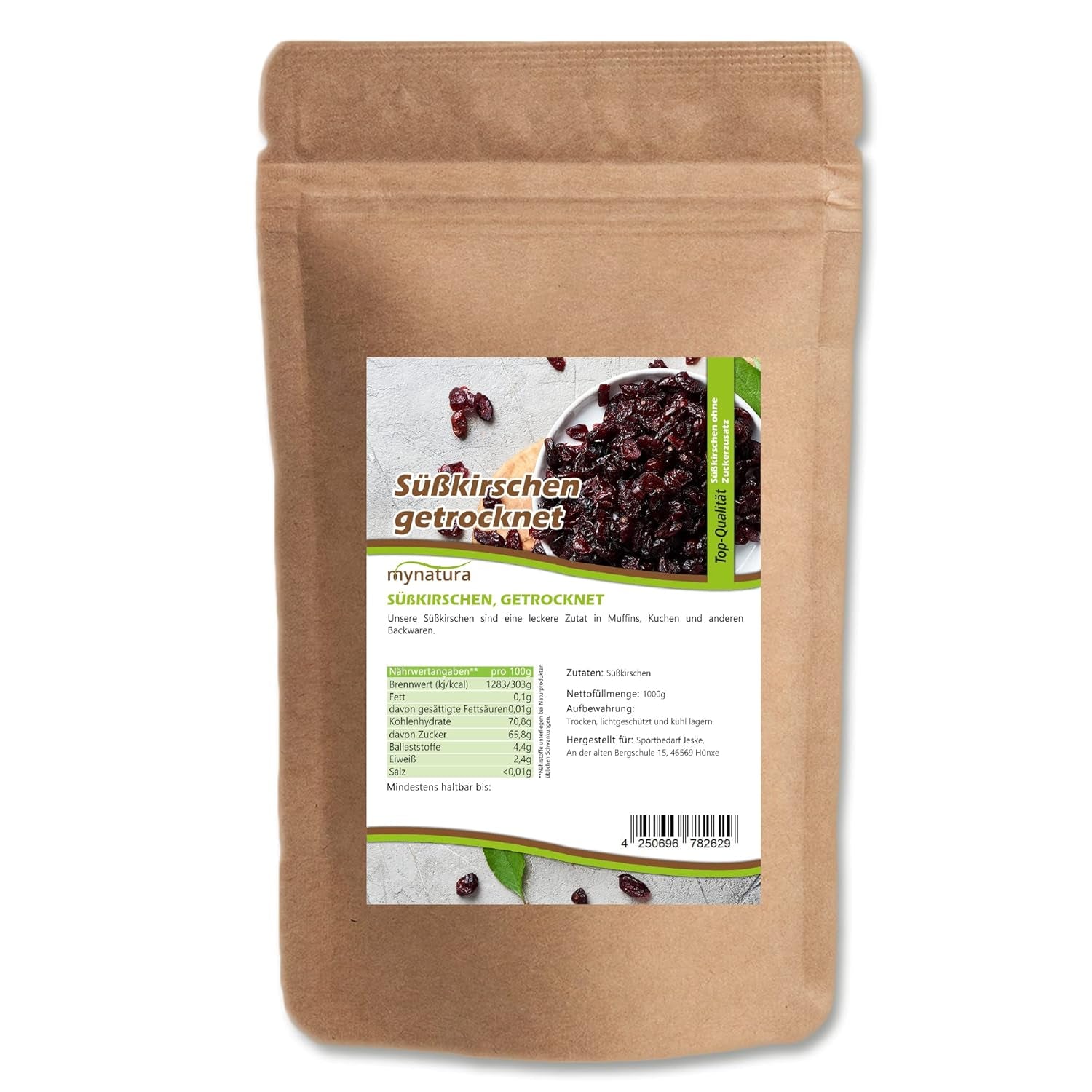Mynatura søde, tørrede, frøfri kirsebær I Usødet I Tørret frugt I Ingen tilsætningsstoffer I Bagning I Kirsebær I Snack I Müsli I Vegansk I Taske (1x 1000g) Dehydrerede produkter Naty Shop 1X 1000G