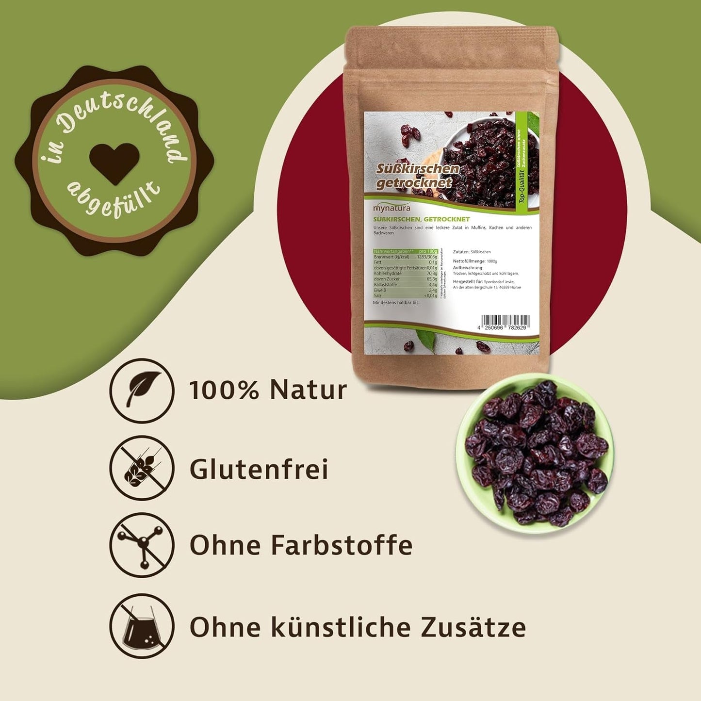 Mynatura søde, tørrede, frøfri kirsebær I Usødet I Tørret frugt I Ingen tilsætningsstoffer I Bagning I Kirsebær I Snack I Müsli I Vegansk I Taske (1x 1000g) Dehydrerede produkter Naty Shop